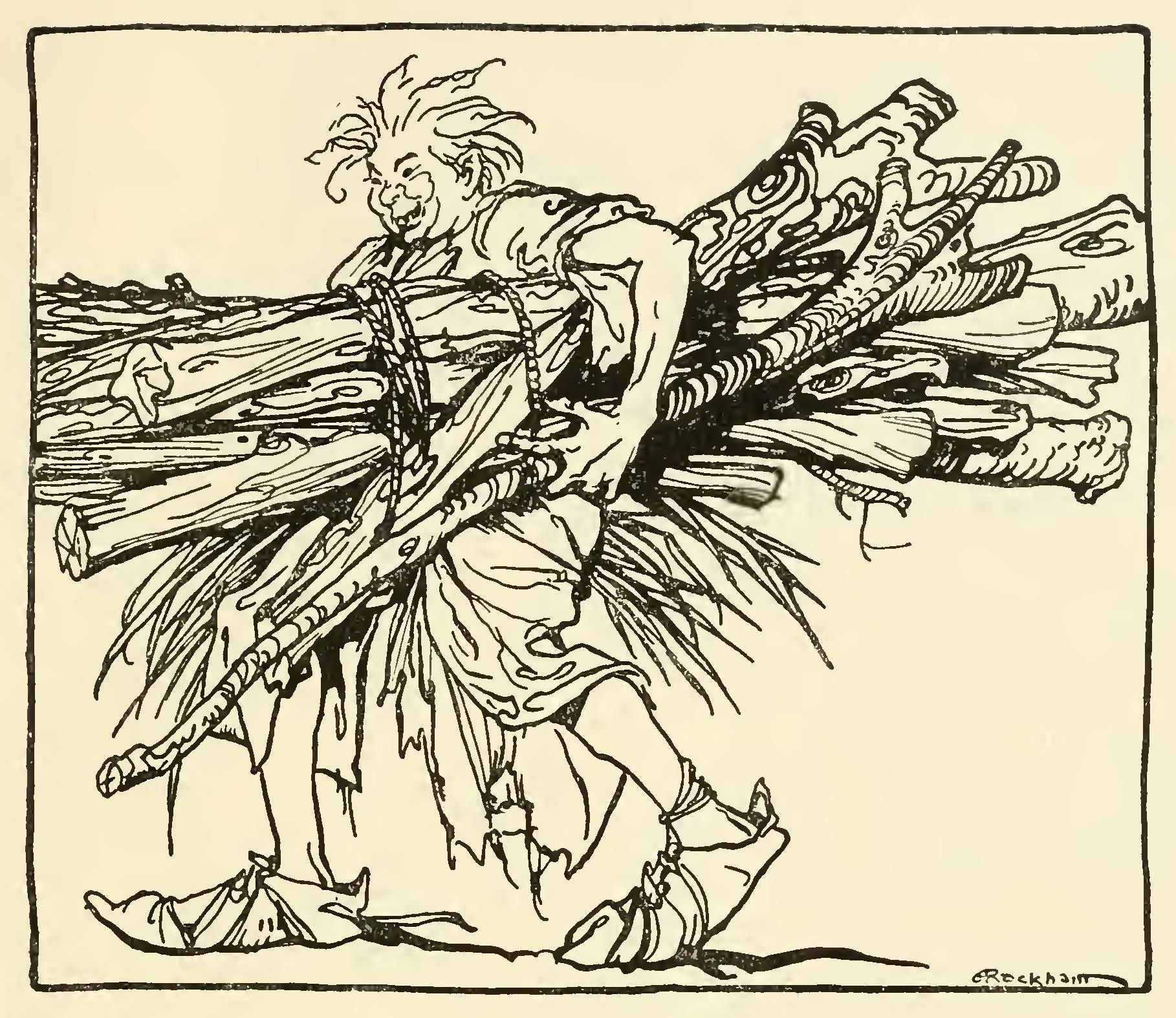 The Carl, grinning and wild-haired, in a ragged coat and huge shoes, strides along with a great bundle of timber and rushes tied under his arm.
