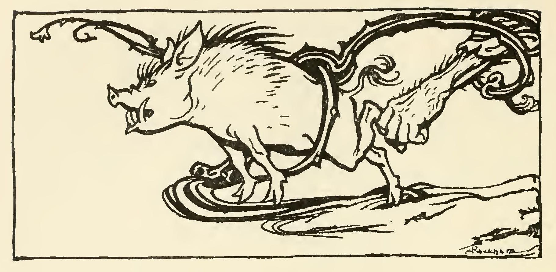 A bristling wild boar with curling tusks, held from behind by a large hand gripping its hind leg.