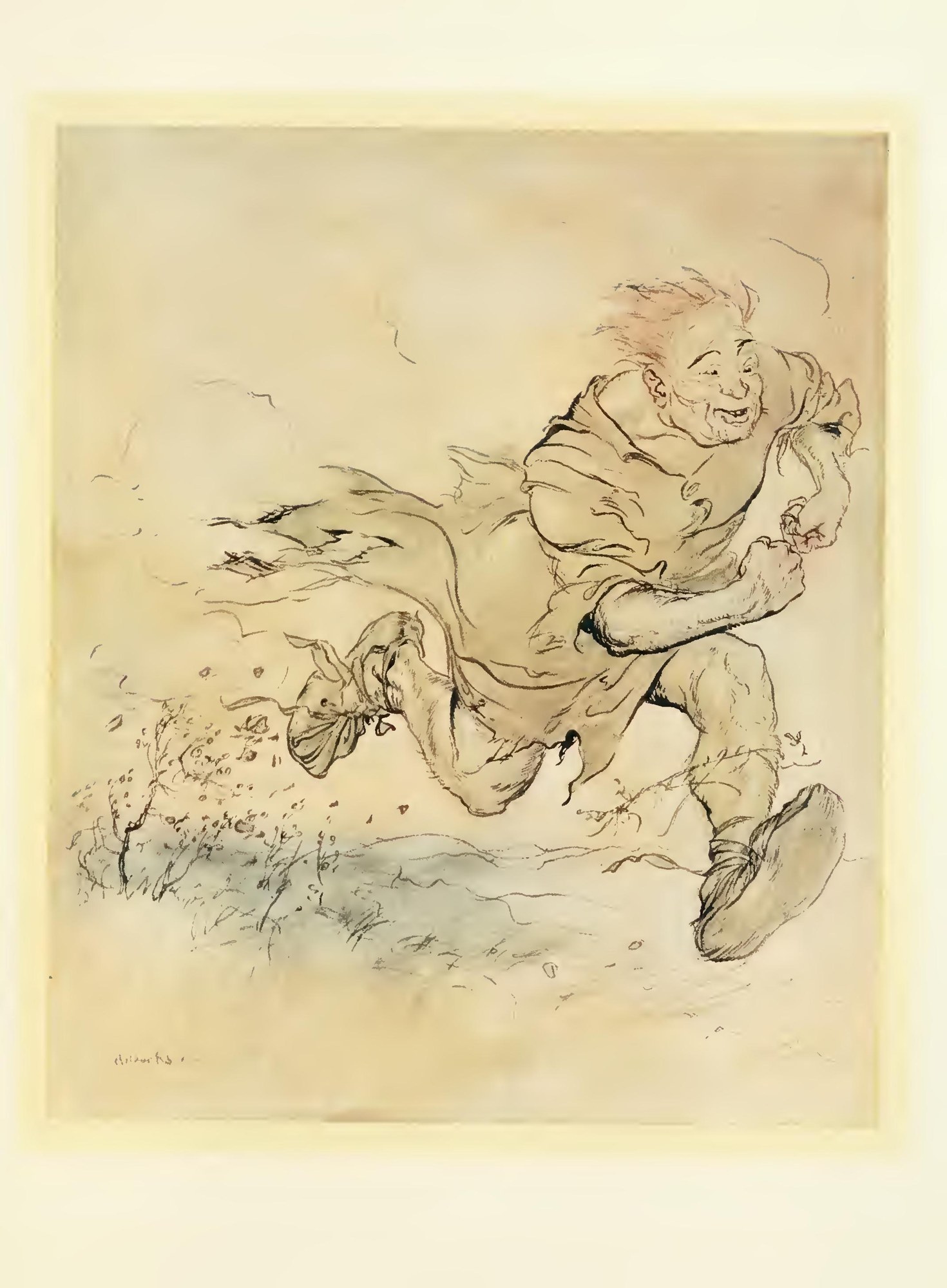 The thumping of his big boots grew as continuous as the pattering of hailstones on a roof, and the wind of his passage blew trees down — The Carl of the Drab Coat runs flat out and laughing, his hair and ragged coat flying back in the wind, big boots pounding, bushes bent by his passing.