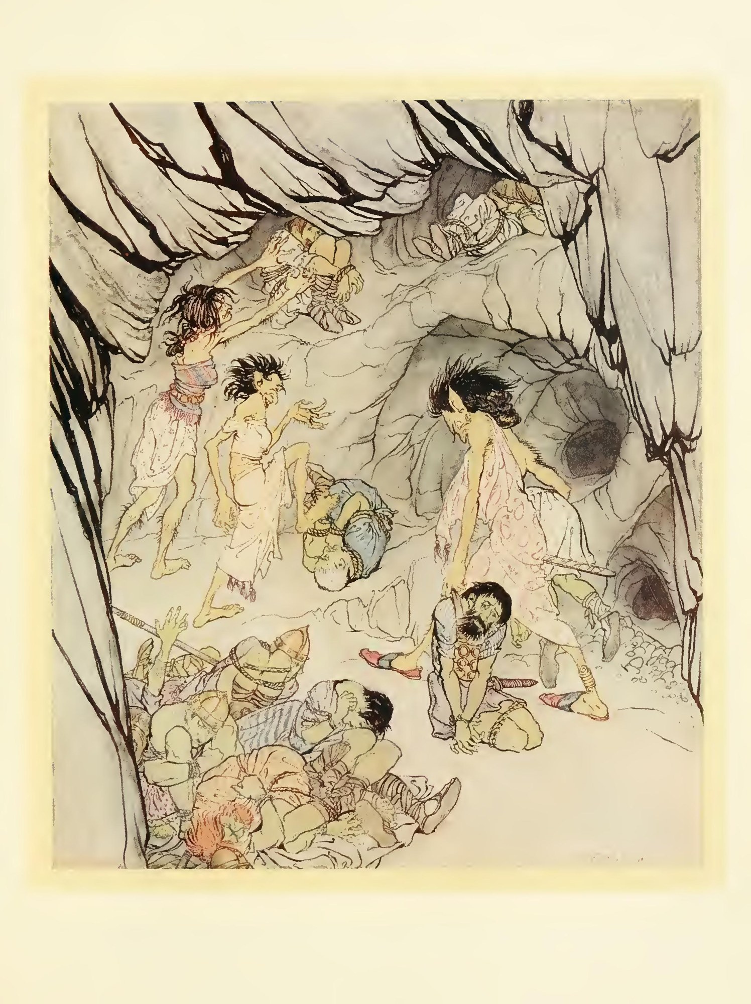 “This one is fat,” said Cuillen, and she rolled a bulky Fenian along like a wheel — Inside the cave three wild-haired hags handle the bound Fianna: one drags a kneeling bearded warrior by his tied wrists, another rolls a trussed man, and a heap of captives lies below.