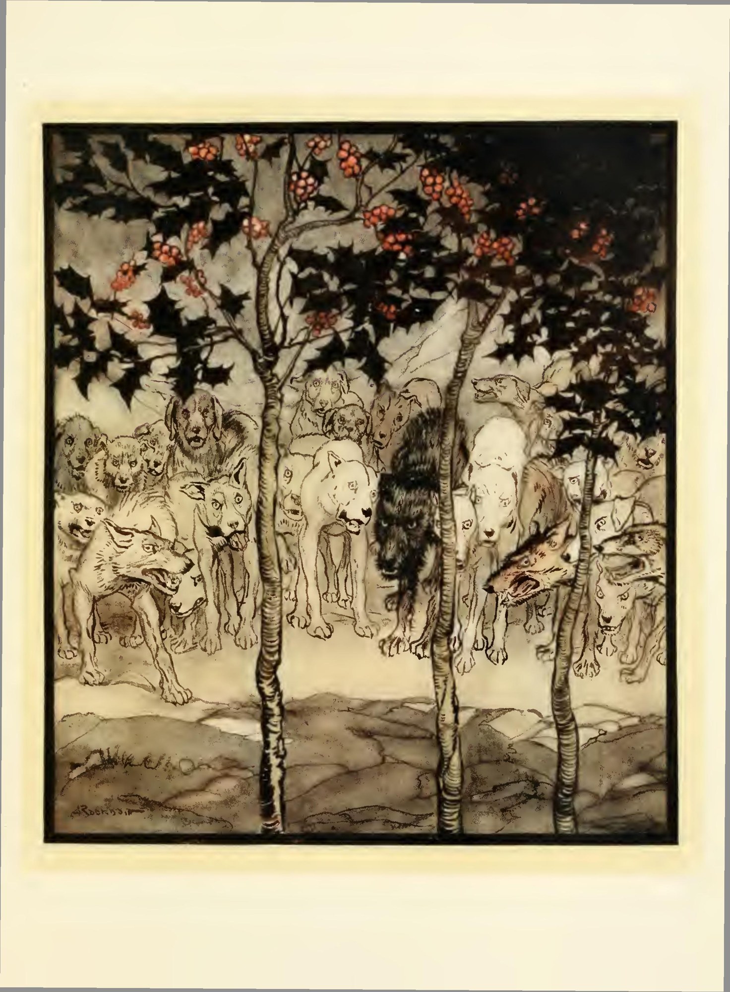 They stood outside, filled with savagery and terror — A crowd of hounds of every kind, some snarling and some anxious, stands close together beneath holly trees heavy with red berries.