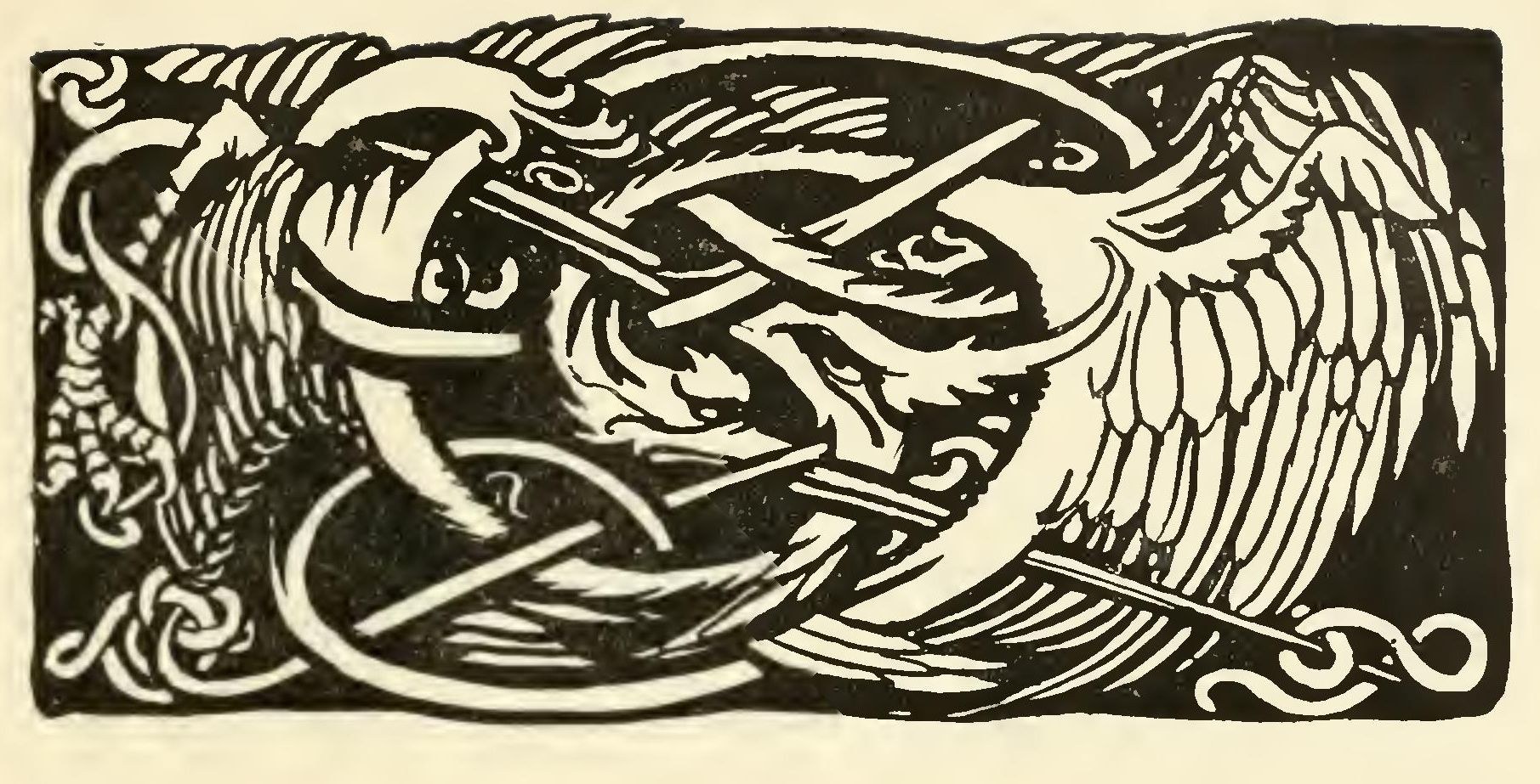 A headpiece: a great bird with outspread wings and taloned feet, tangled with long shafts and knotwork on a black ground.
