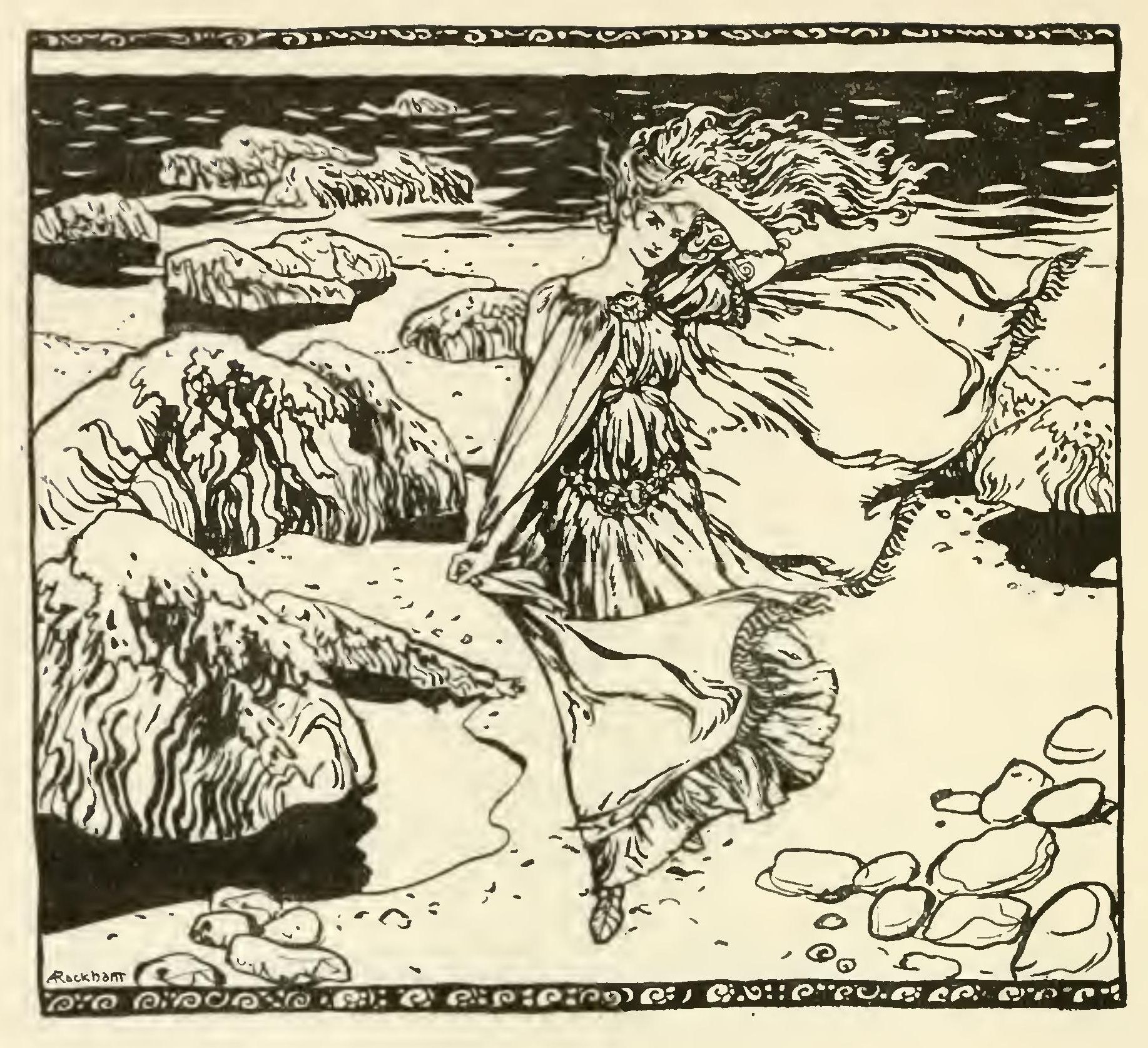 Becuma, her long hair and gown blown by the wind, walks up the shore among black boulders and stones, the sea behind her.