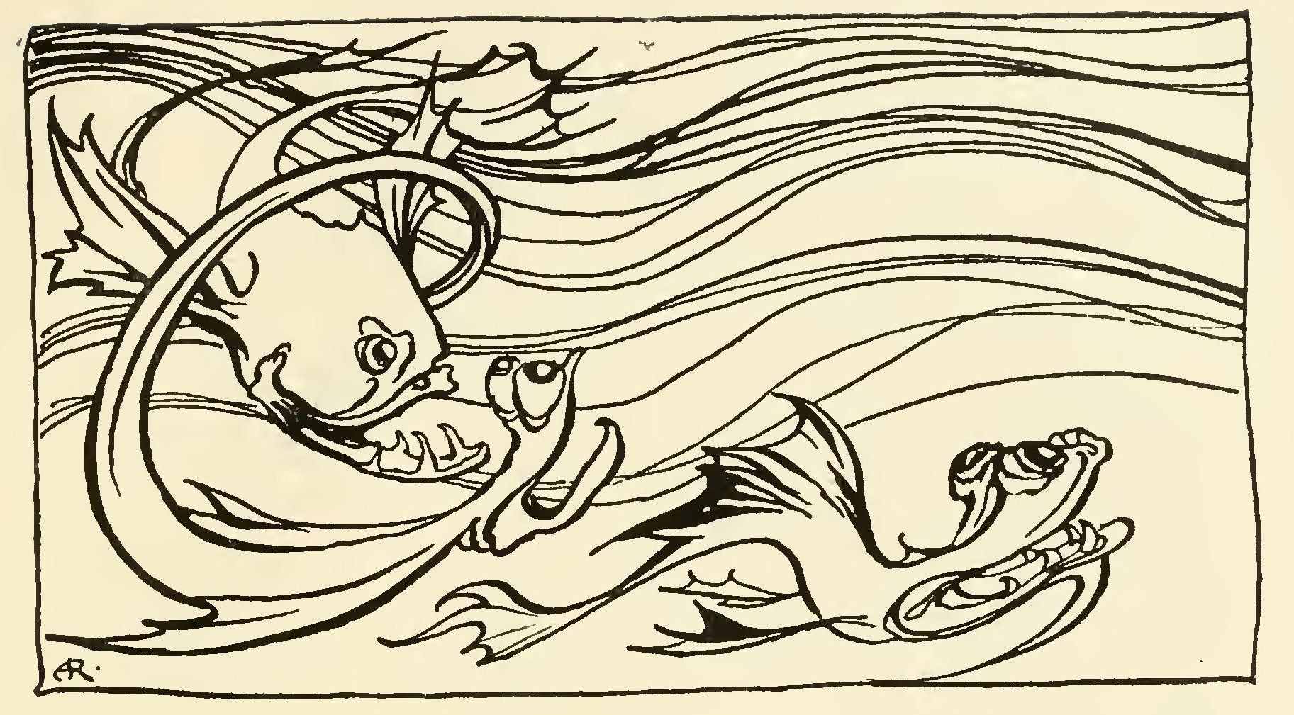 Two goggle-eyed sea monsters, one with a spiny fin and a mouthful of teeth, curl through long waves.