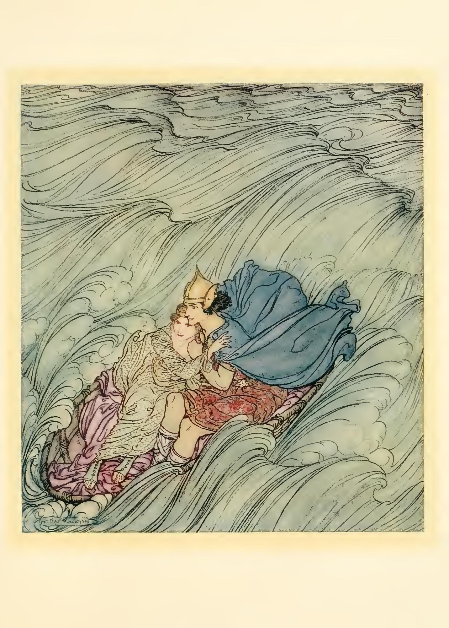 The waves of all the worlds seemed to whirl past them in one huge green cataract — Art, in a gold helmet and blue cloak, holds Delvcaem close as their small coracle is tossed among towering green waves.