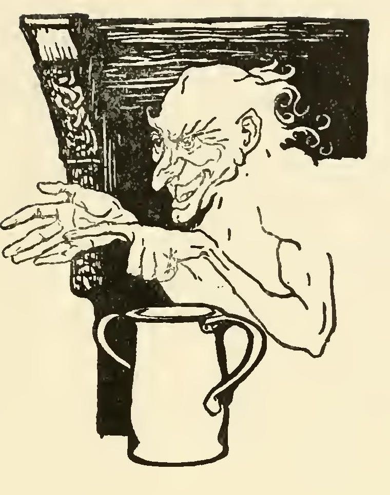 Cairide the story-teller, grinning, leans forward from a carved chair with a hand outstretched beside a jug of ale.