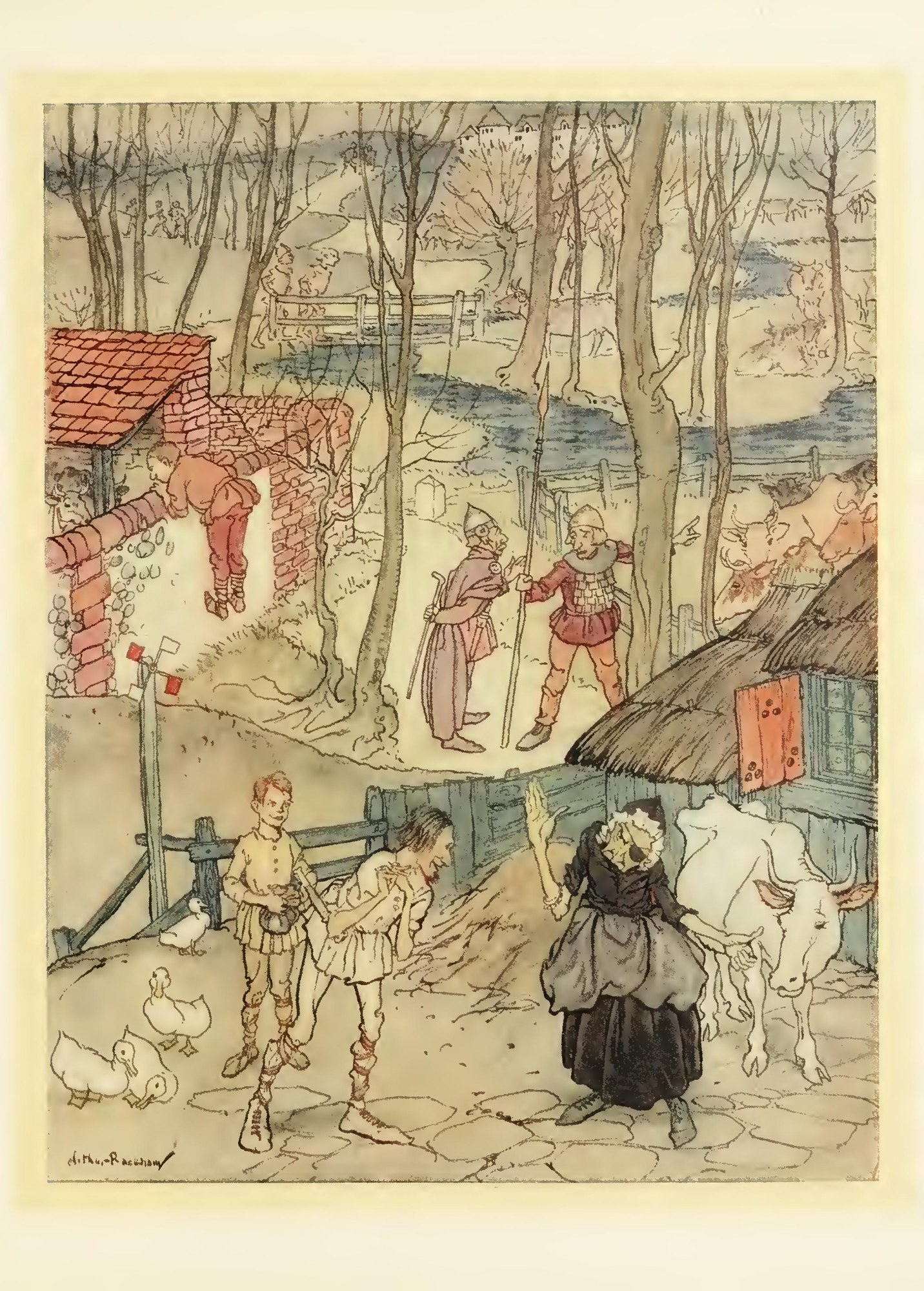 They offered a cow for each leg of her cow, but she would not accept that offer unless Fiachna went bail for the payment — A farmyard: an old woman with a patch over one eye holds a white cow and gestures at two young men, while soldiers confer beyond and a man climbs a wall.