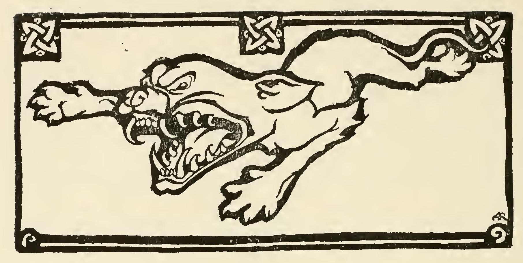 A snarling beast with a huge head and wide, tooth-crowded jaws leaps with its legs flung out, inside a frame with knotwork corners.