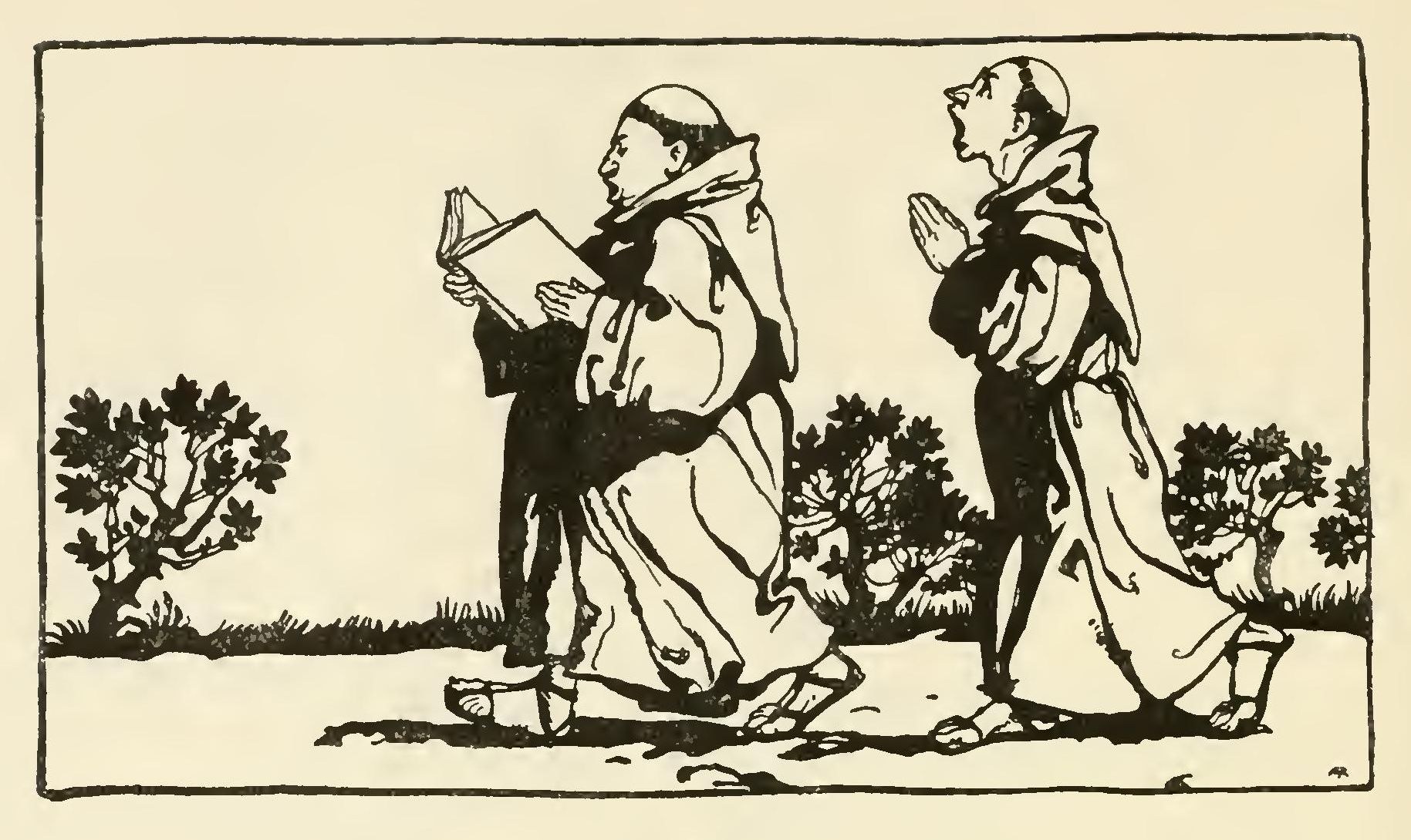 Two tonsured clerics walk along a road past low bushes, the stout one in front chanting from a large book, the thin one behind with hands joined and face turned up to the sky.