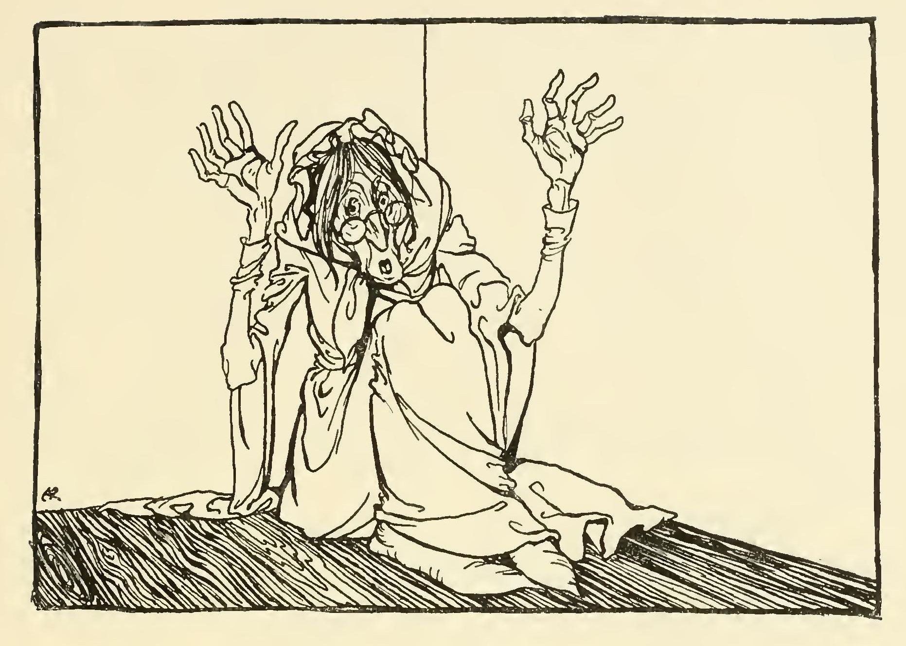 An old woman in a hood and spectacles sits on the floor against a wall, her hands flung up and her mouth open in alarm.