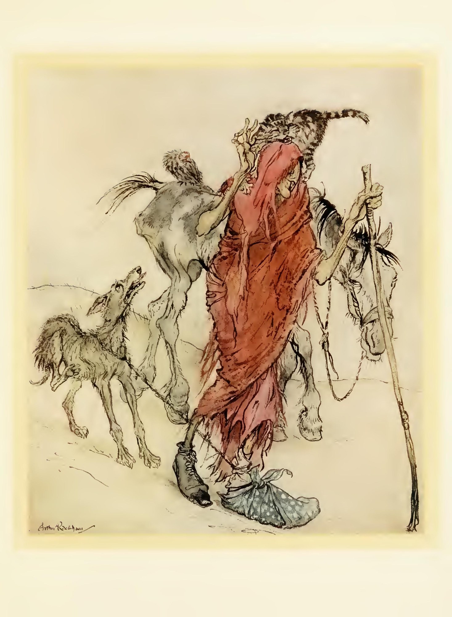 The Hag of the Mill was a bony, thin pole of a hag with odd feet — The Hag of the Mill in a ragged red cloak, one foot booted and one bundled in spotted cloth, leads the toothless dog Brotar and her knock-kneed mare, a cat on her head.