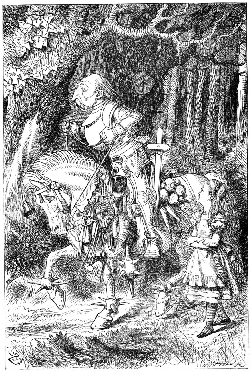 Frontispiece. The White Knight, in tin armour and hung about with gear, sits stiffly on a horse with spiked anklets, while Alice looks up at him from the edge of a dark wood.