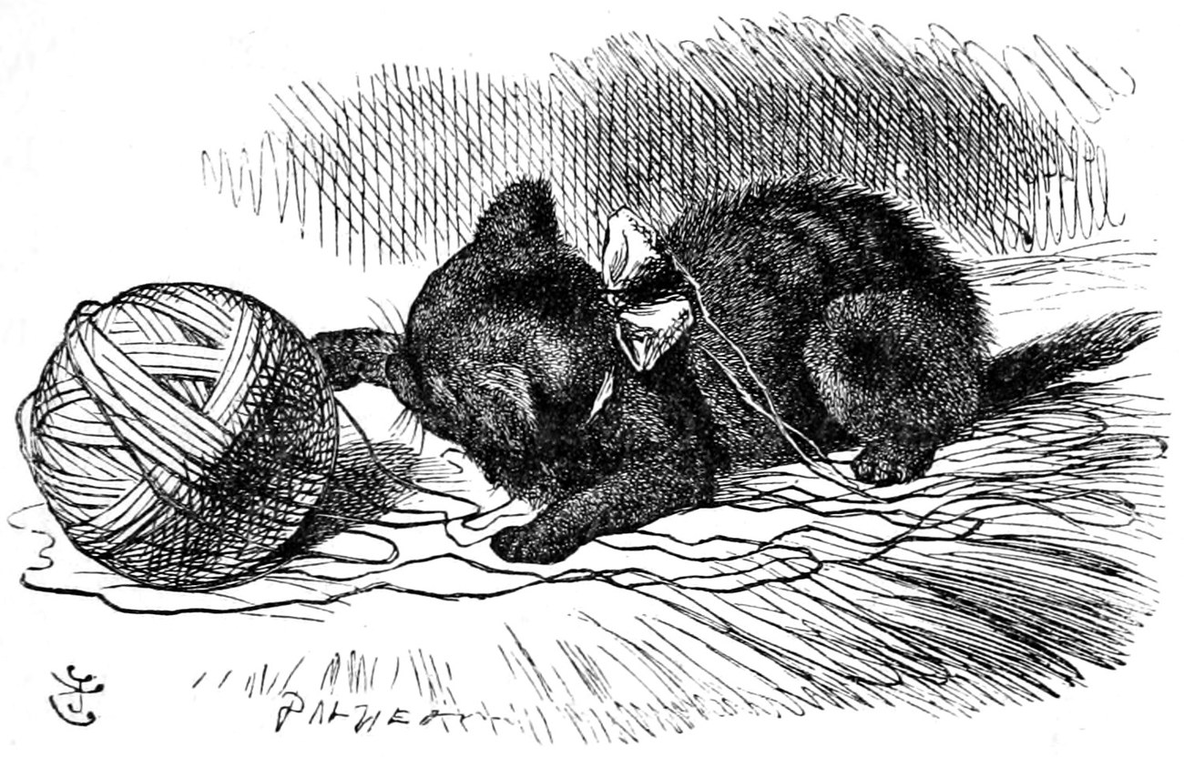 The black kitten, a bow round its neck, lies on the hearth-rug tangled in the worsted, a ball of wool rolled away beside it.