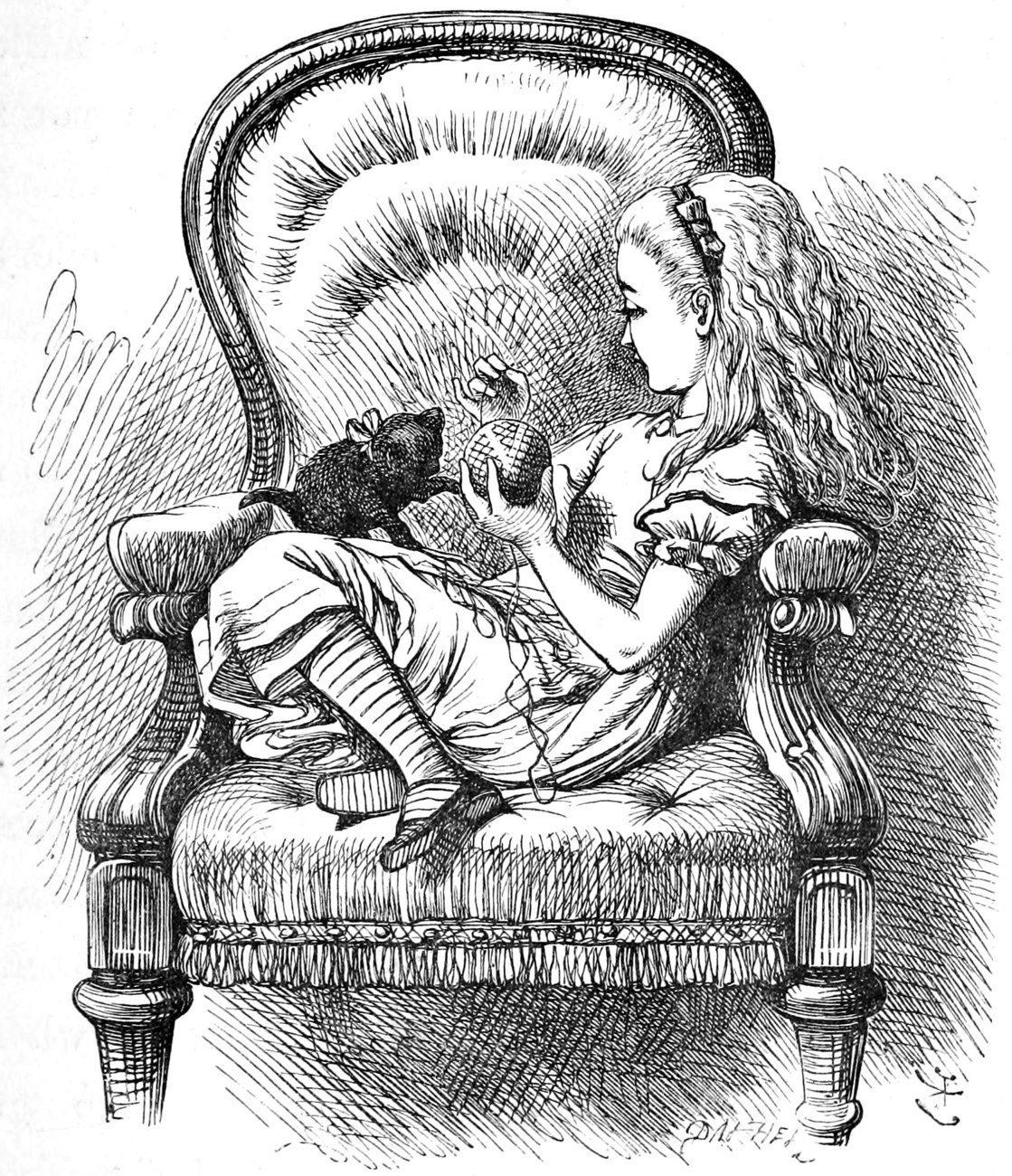 Alice curled up in the great arm-chair with the black kitten on her lap, winding the ball of worsted while the kitten watches it.