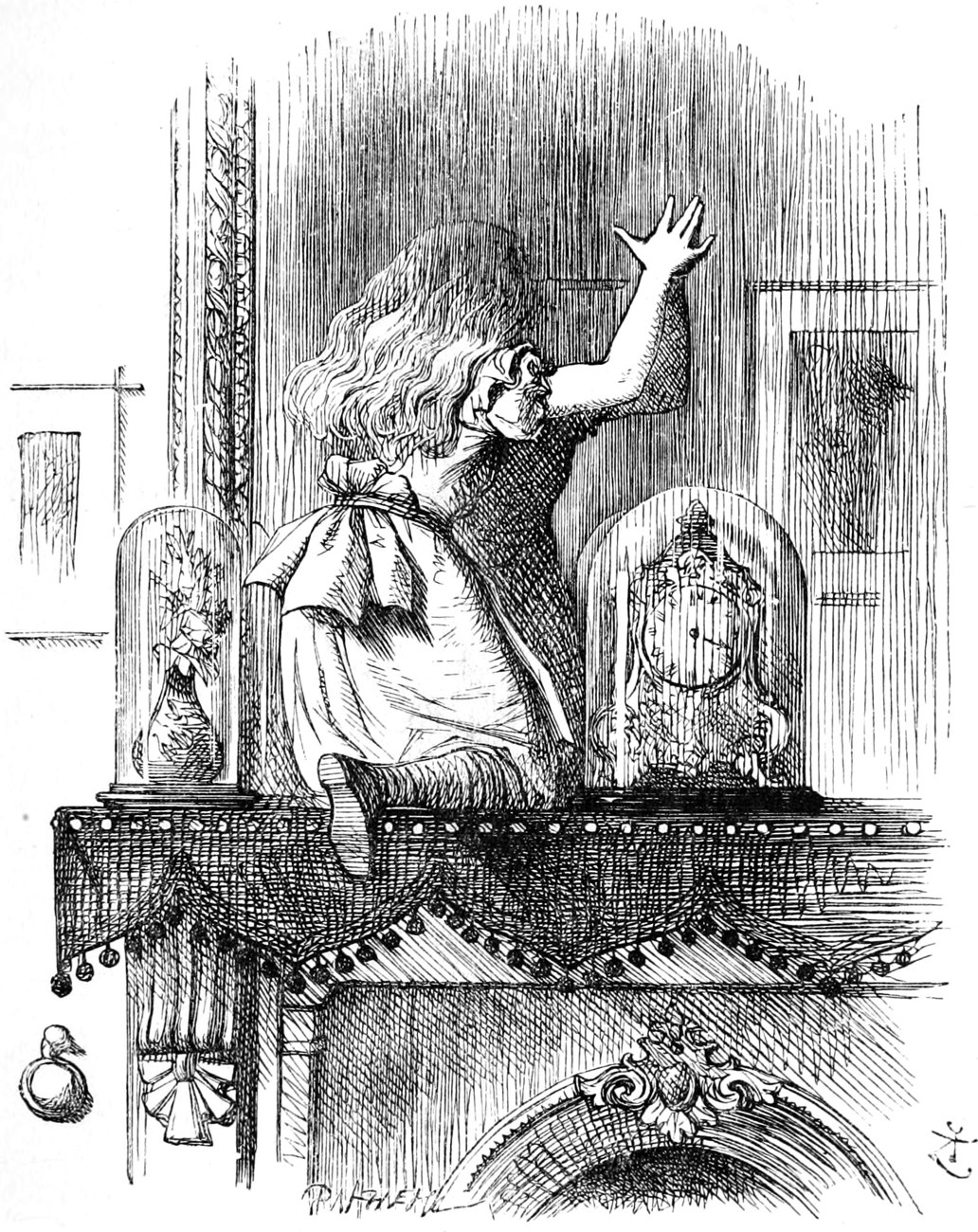 Alice kneels on the chimney-piece between the glass domes of the clock and a vase, one hand flat against the looking-glass as she climbs through.