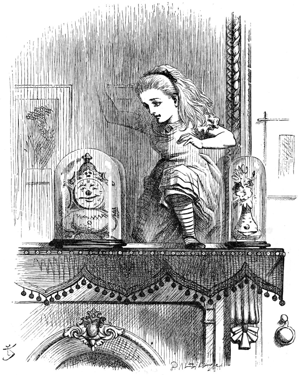 The other side: Alice steps down from the chimney-piece into the Looking-glass room, where the clock under its dome has a grinning face.