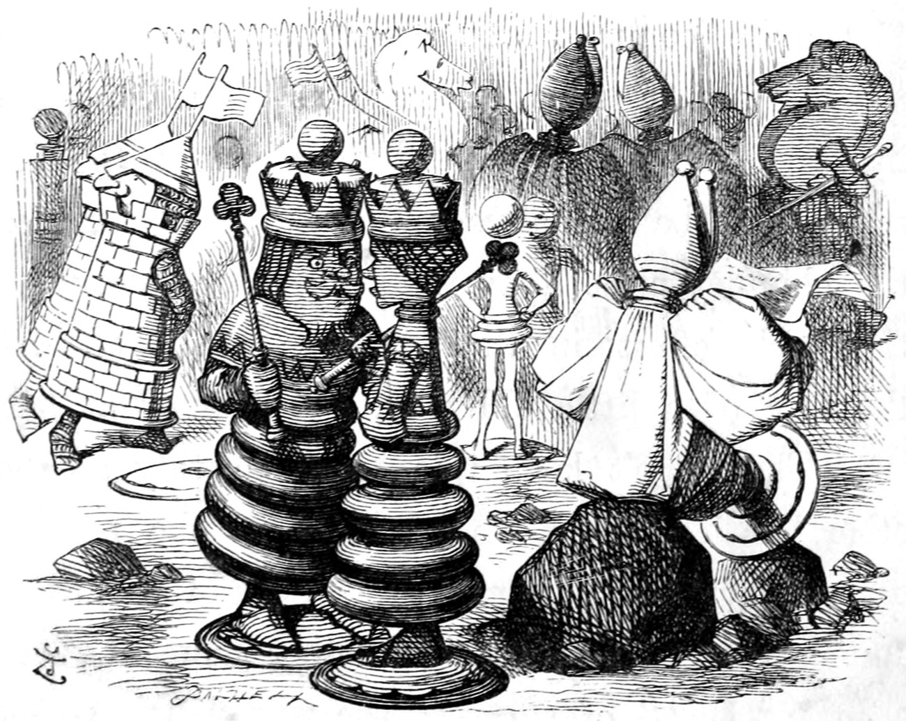 Down in the hearth the chessmen are walking about: the Red King and Red Queen in front, a Castle and other pieces behind them among the cinders.