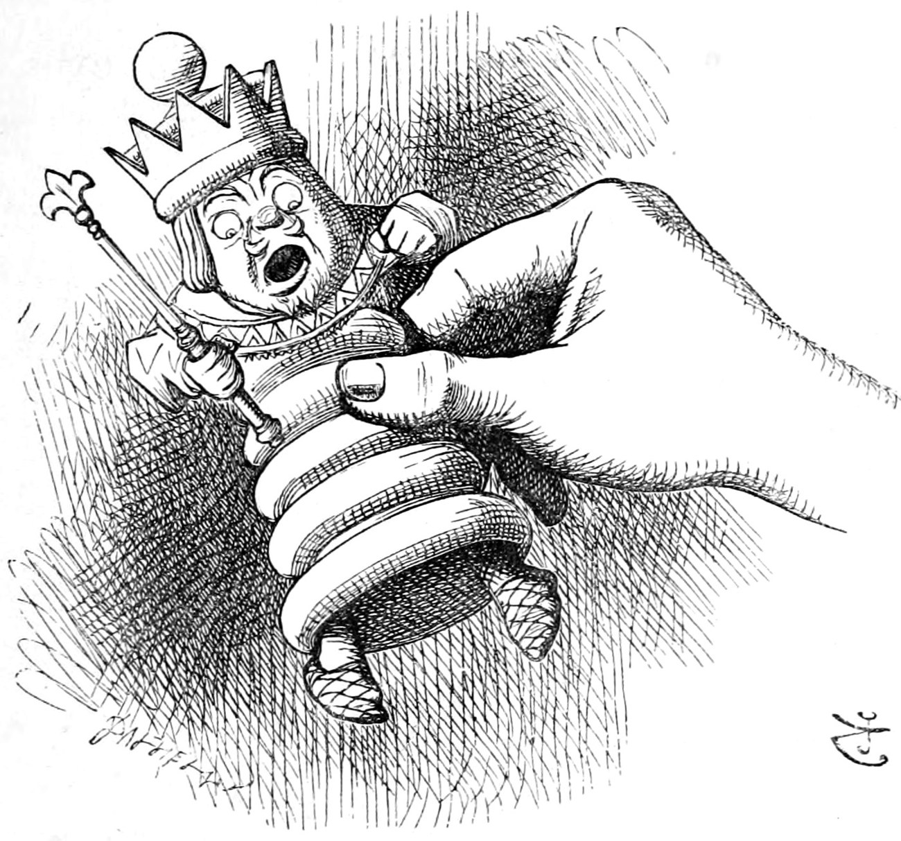 The White King, crown on and sceptre in hand, held in Alice's huge fingers, his mouth wide open in fright.