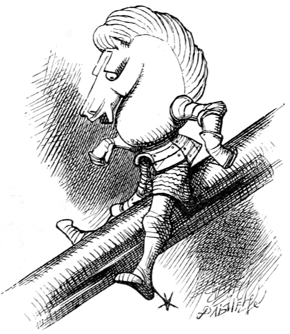 A White Knight with a horse's head, in armour, sliding down the poker with his legs dangling.