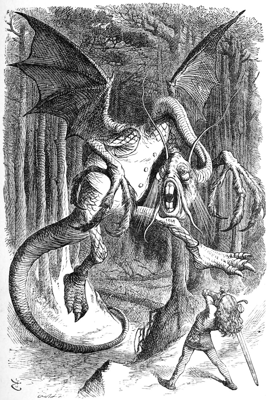 The Jabberwock rears up in a forest, a winged dragon with a long tail, clawed hands and bulging eyes, while a small boy with a sword stands ready below.