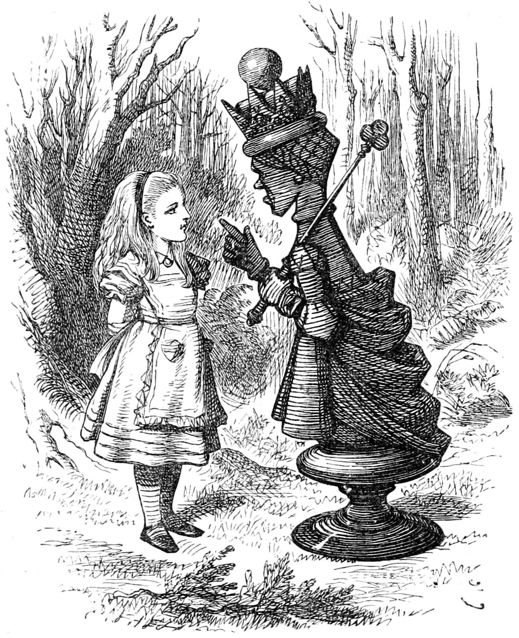 Alice faces the Red Queen, who has grown taller than she is and stands on a chess-piece's round base, wagging a finger at her among the trees.
