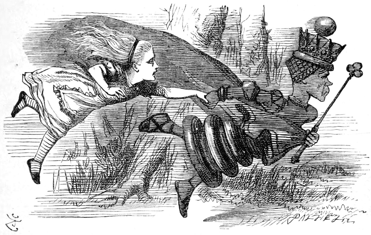 The Red Queen pulls Alice along by the hand so fast that both of them fly through the air, their feet barely skimming the grass.