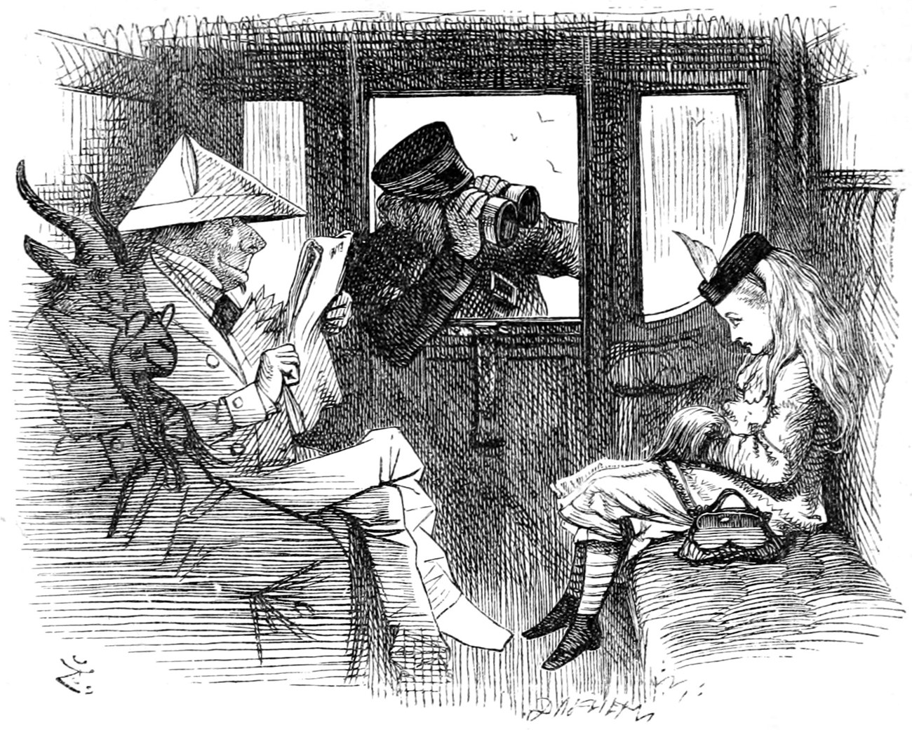 In the railway carriage a gentleman dressed in white paper reads a newspaper, a Goat sits beside him, and the Guard stares at Alice through opera-glasses at the window.