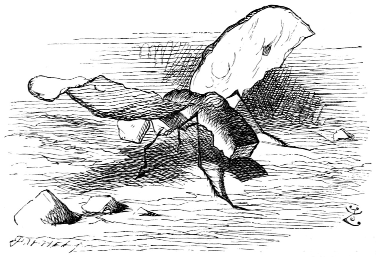 The Bread-and-butter-fly, with wings of thin bread-and-butter and a crust for a body, walking on spindly legs.