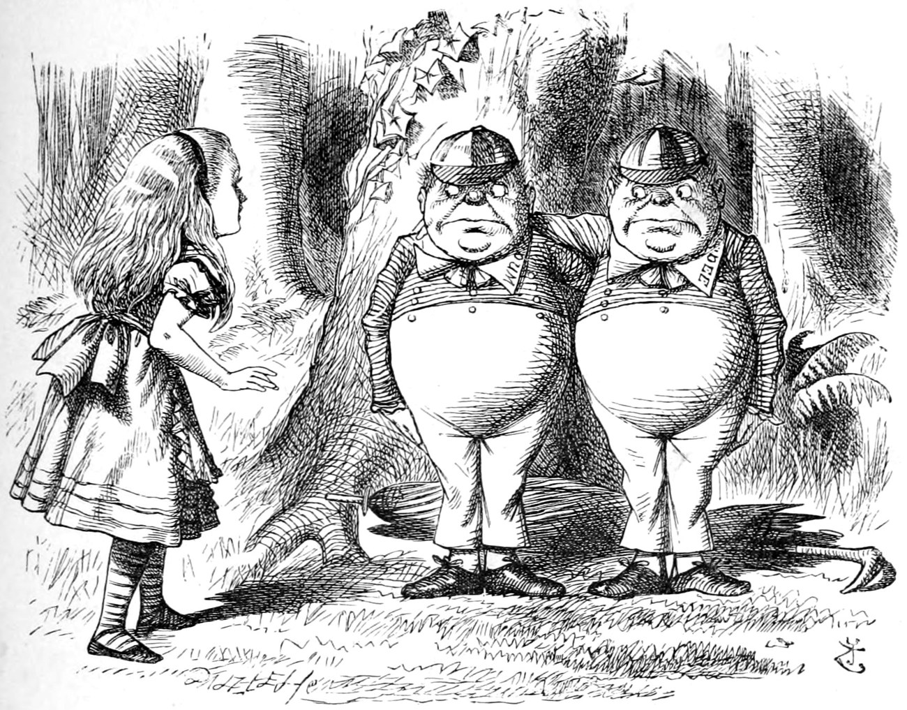 Tweedledum and Tweedledee, fat and round in matching caps, stand with their arms round each other's necks while Alice looks at them.