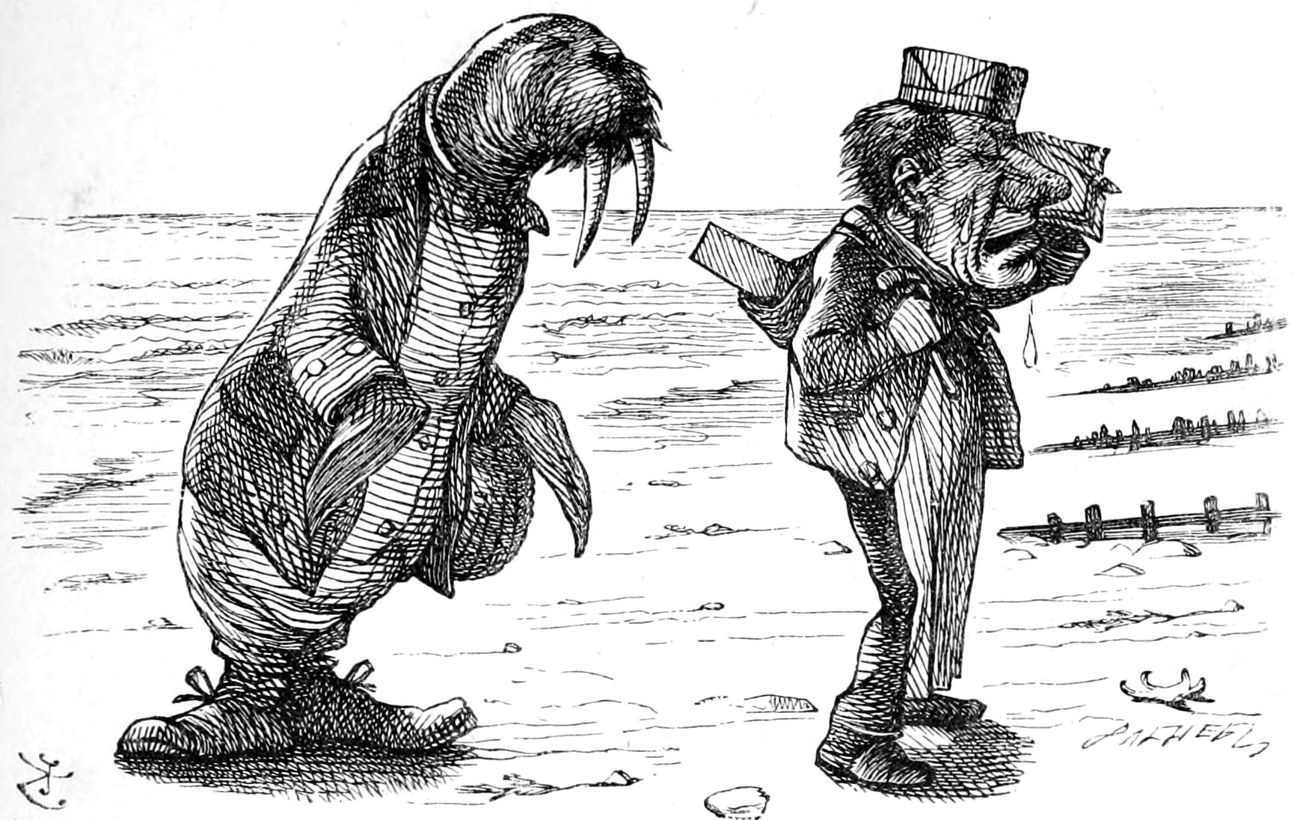 The Walrus, in a coat, and the Carpenter, in a square paper cap, walk on the sand by the sea, the Carpenter mopping his face.