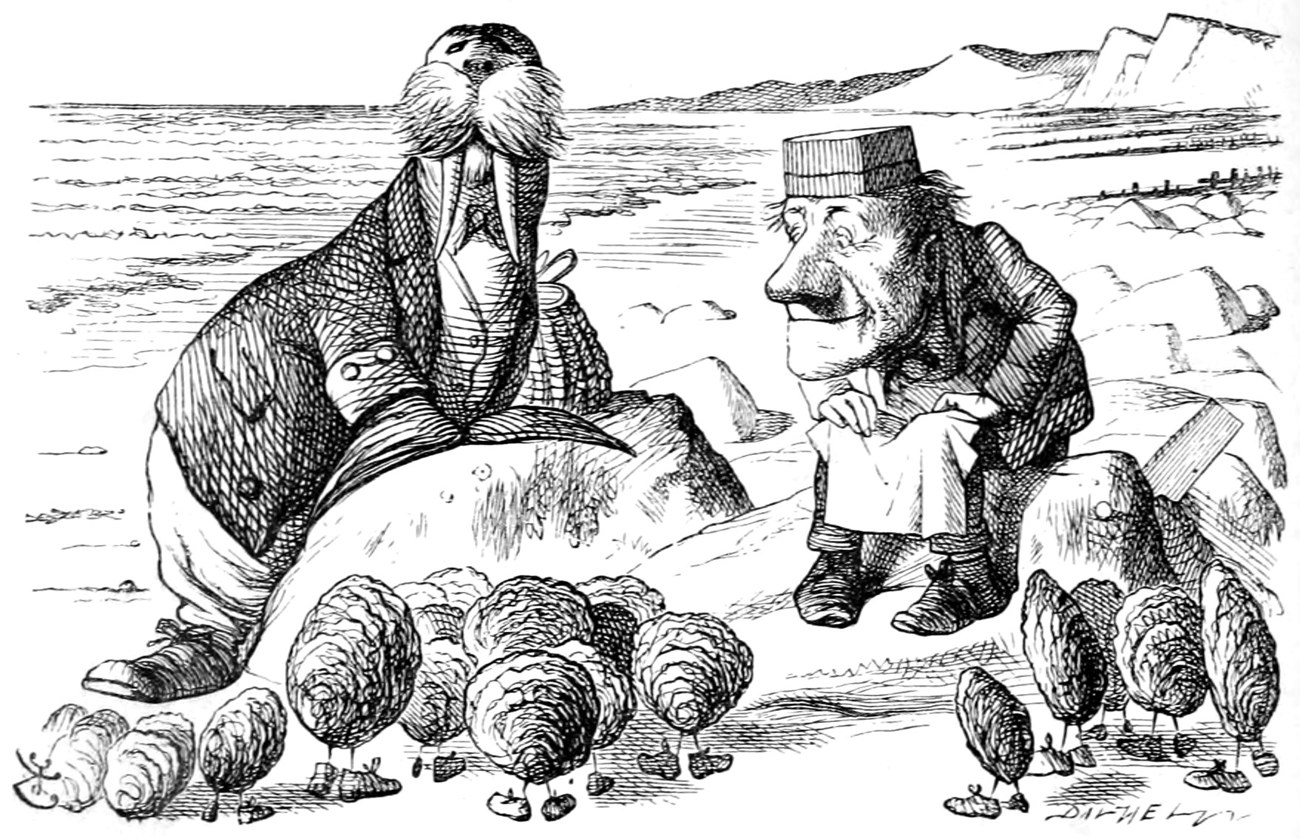 The Walrus and the Carpenter sit on a rock by the shore while a crowd of little Oysters hurries up to them on their feet.
