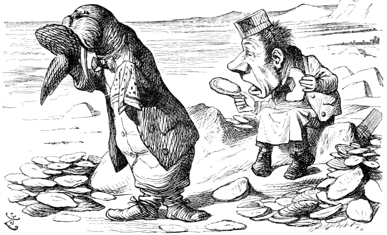 The Walrus holds a large handkerchief to his eyes as he weeps; the Carpenter sits nearby among empty oyster-shells.