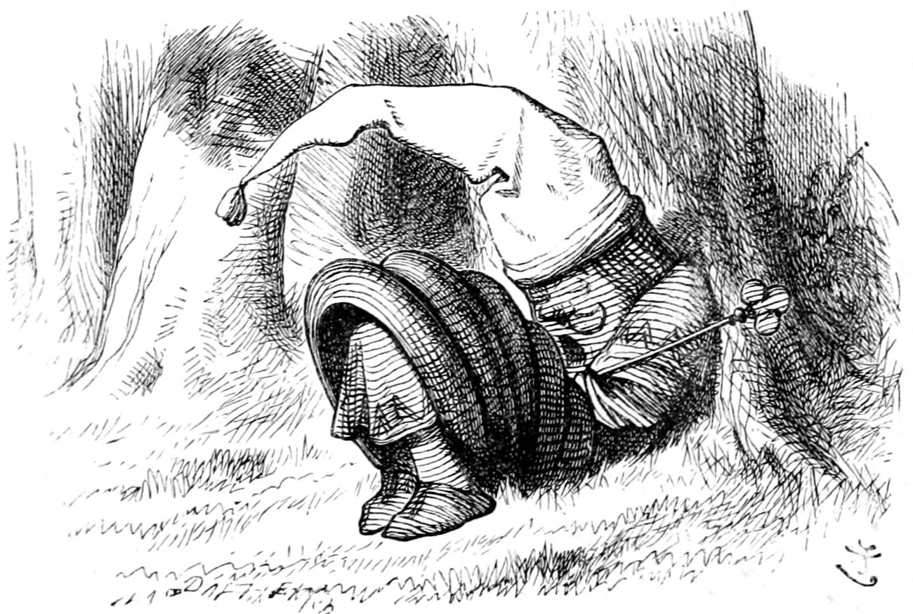 The Red King lies asleep against a tree, curled into a heap, in a tall red night-cap with a tassel.