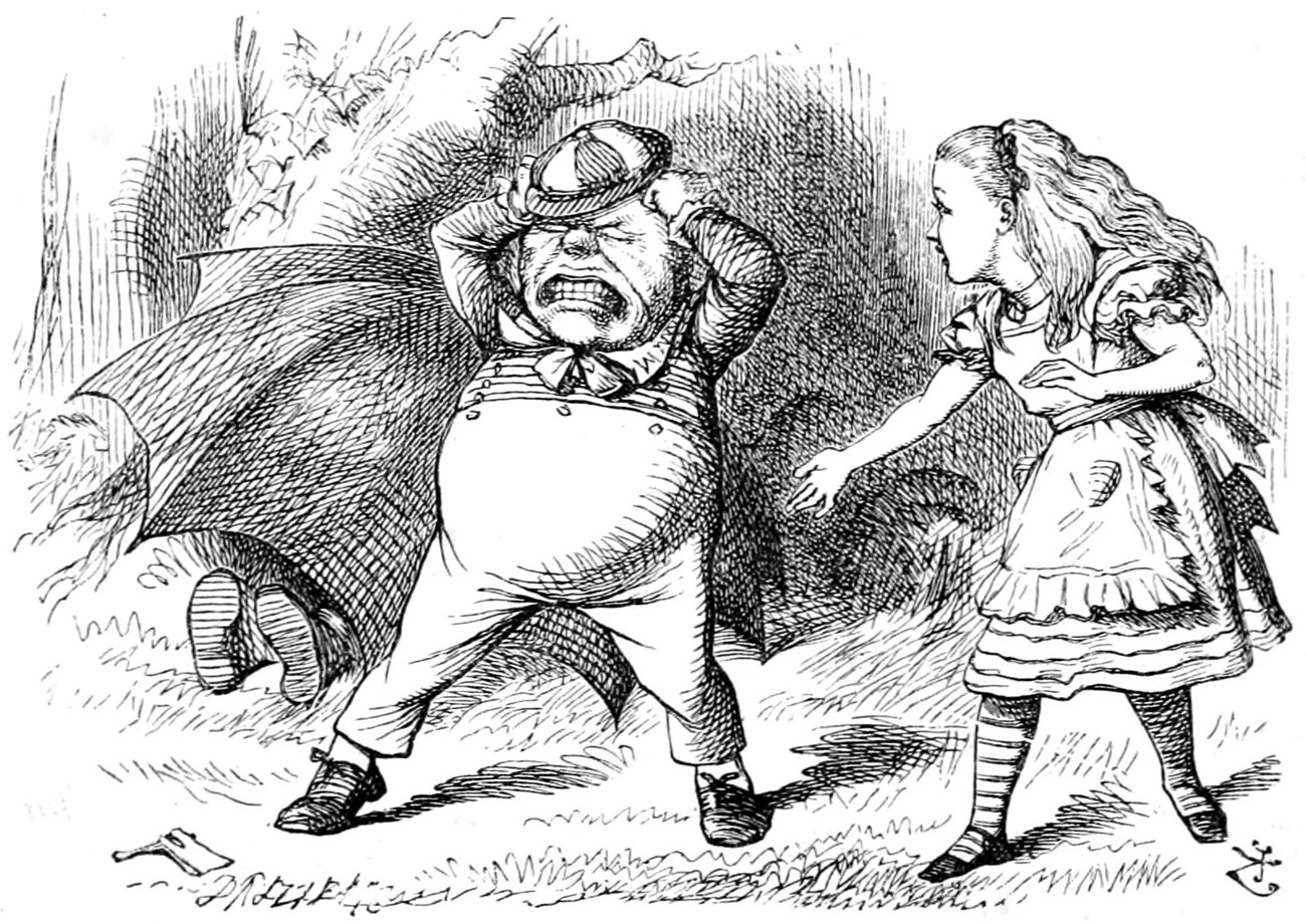 Tweedledum stamps and tears at his hair over the broken rattle, while Tweedledee tries to hide under an umbrella and Alice steps back.