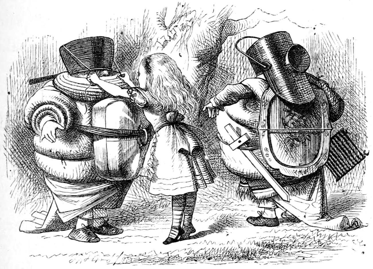 Alice helps dress the brothers for battle: they are padded out with bolsters and wear saucepans and a coal-scuttle as helmets.