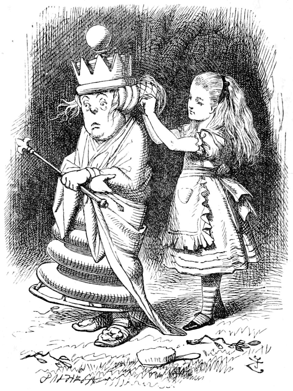 Alice stands behind the untidy White Queen and pins up her hair, while the Queen clutches her shawl and her sceptre.