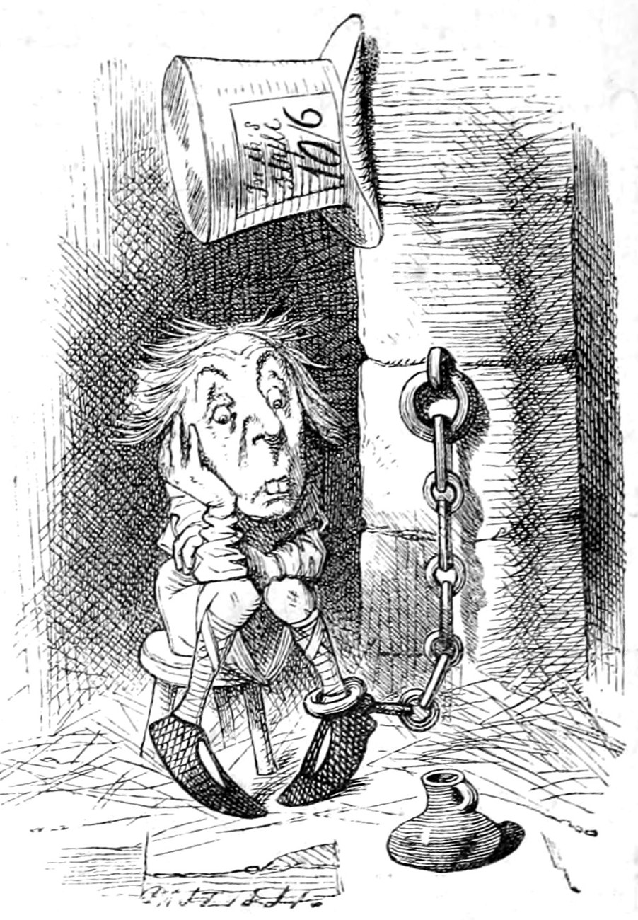 The King's Messenger sits in prison on a stool, chained by the ankle, his head on his hand; his tall hat, with a price ticket, hangs on the wall above him.