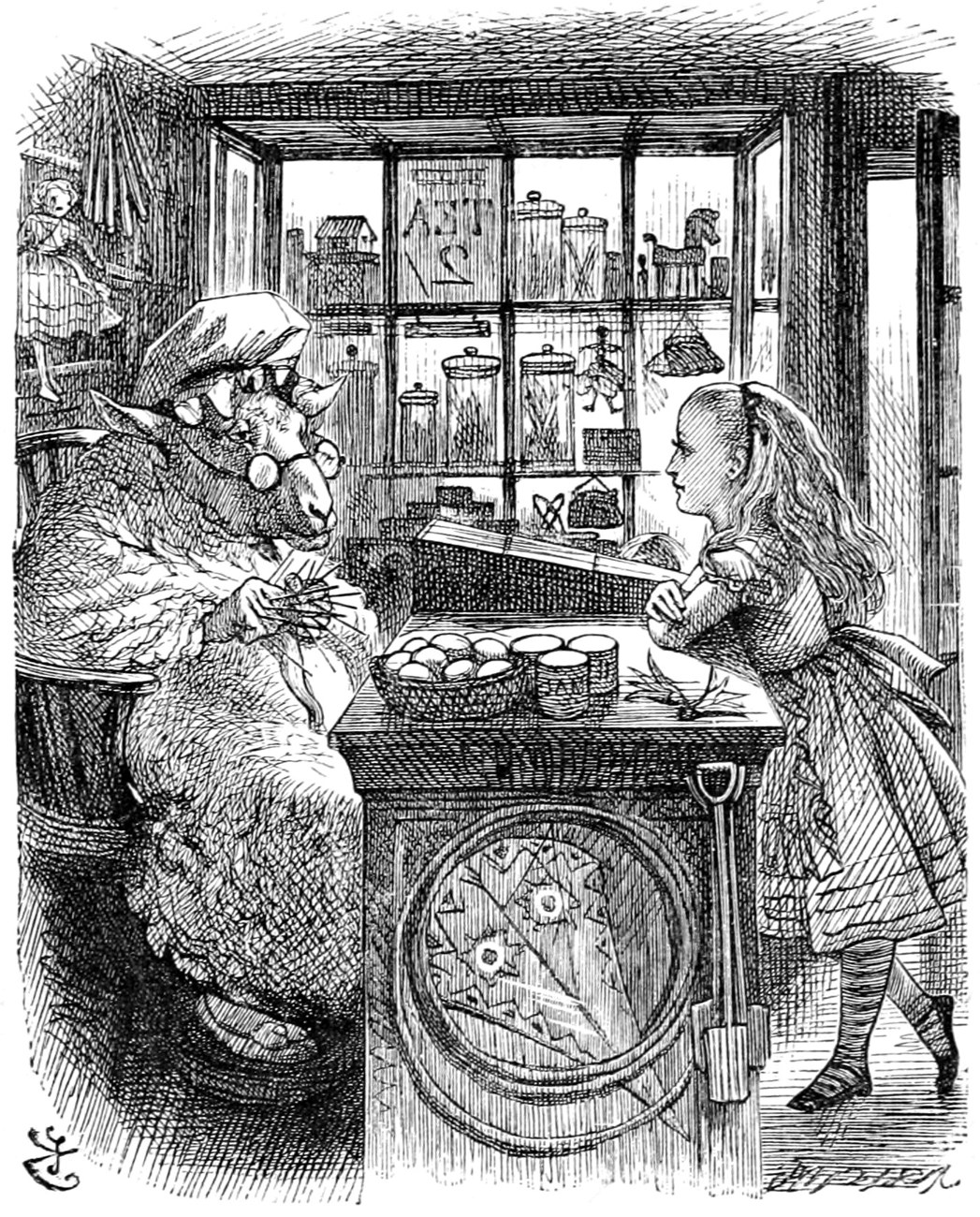In the little dark shop the Sheep sits knitting in an arm-chair, wearing spectacles, while Alice leans on the counter opposite her.
