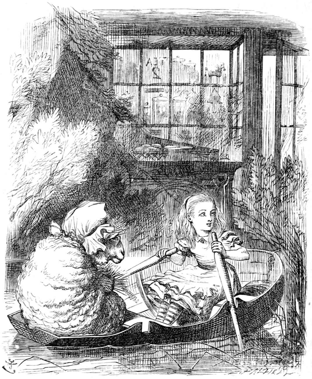 Alice rows a boat with the Sheep sitting knitting in the stern, the rushes rising on either side.