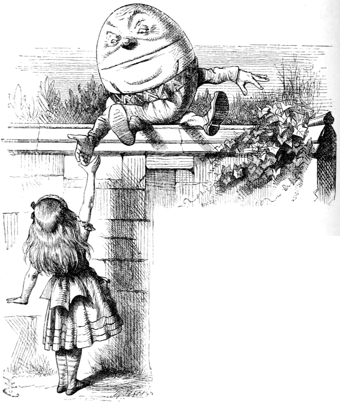 Humpty Dumpty sits on the top of the high wall and reaches down a hand to Alice, who stands on tiptoe to take it.