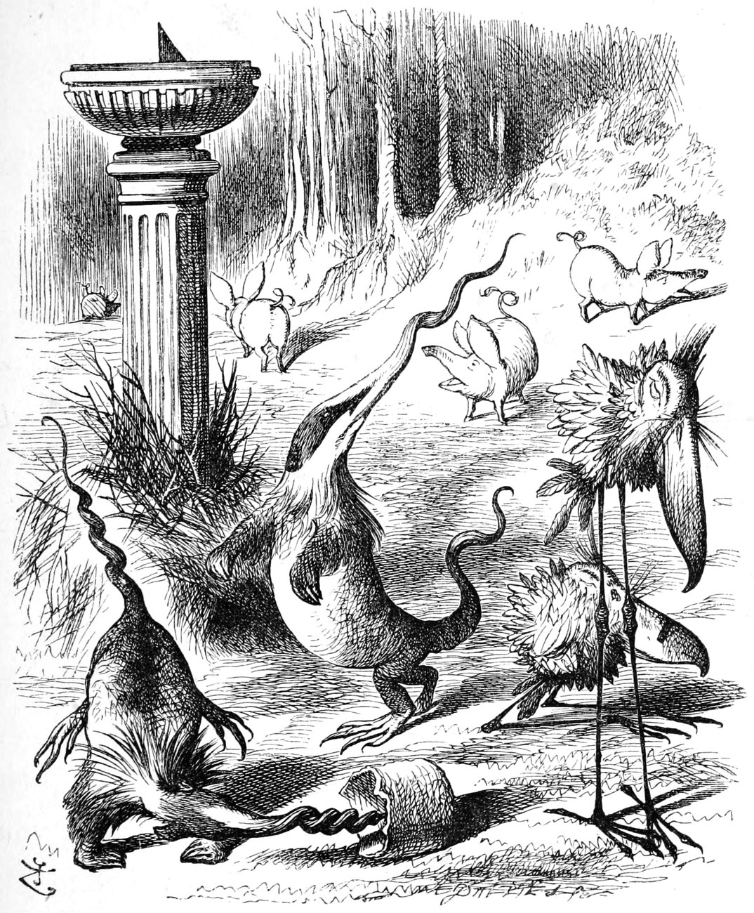 Round the sun-dial in the wabe the creatures of Jabberwocky: toves with long snouts and corkscrew tails, a thin borogove with ragged feathers, and little raths like pigs.