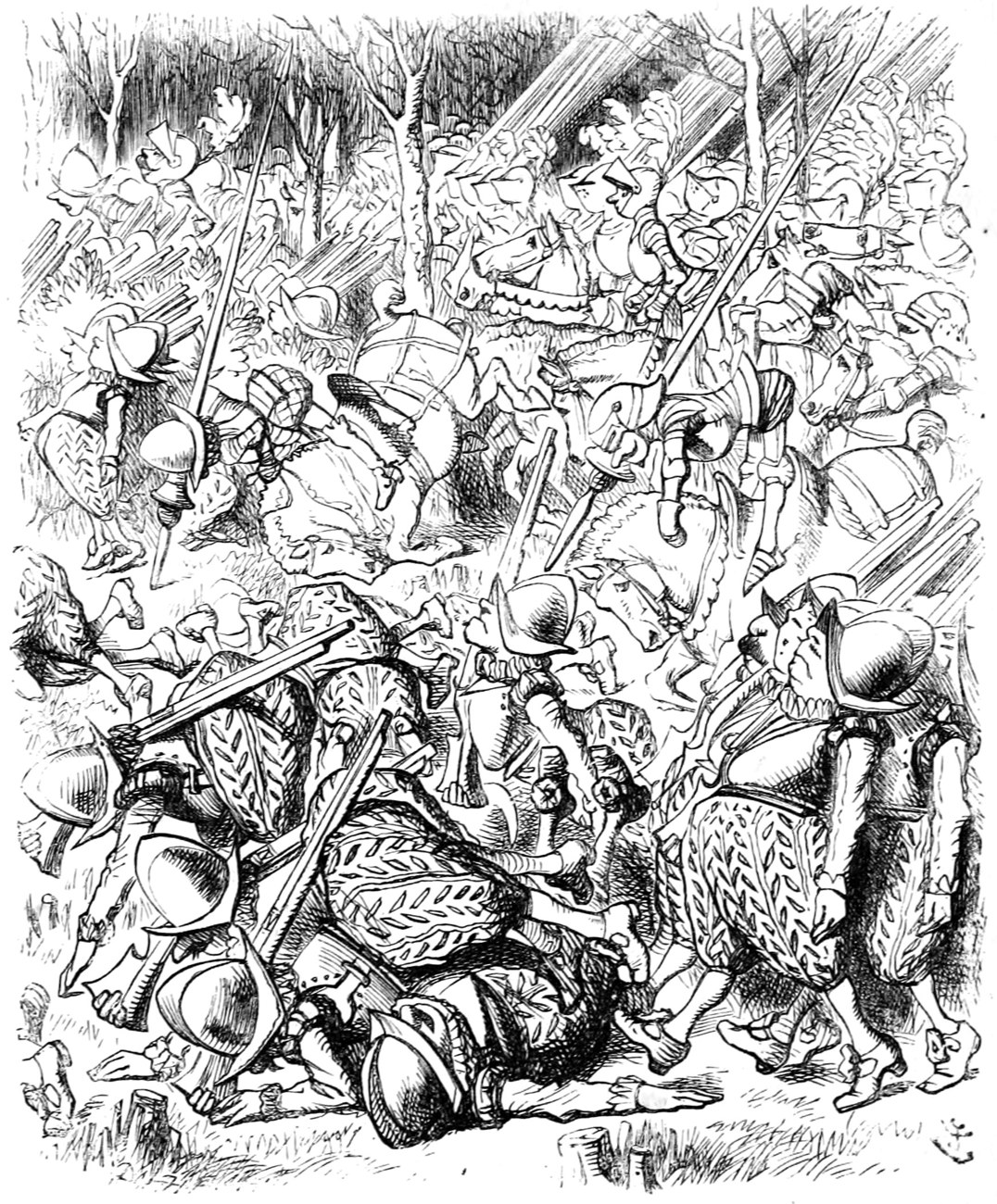 A thick crowd of soldiers and horses tumbles through the wood, the soldiers falling over one another and lying in heaps.