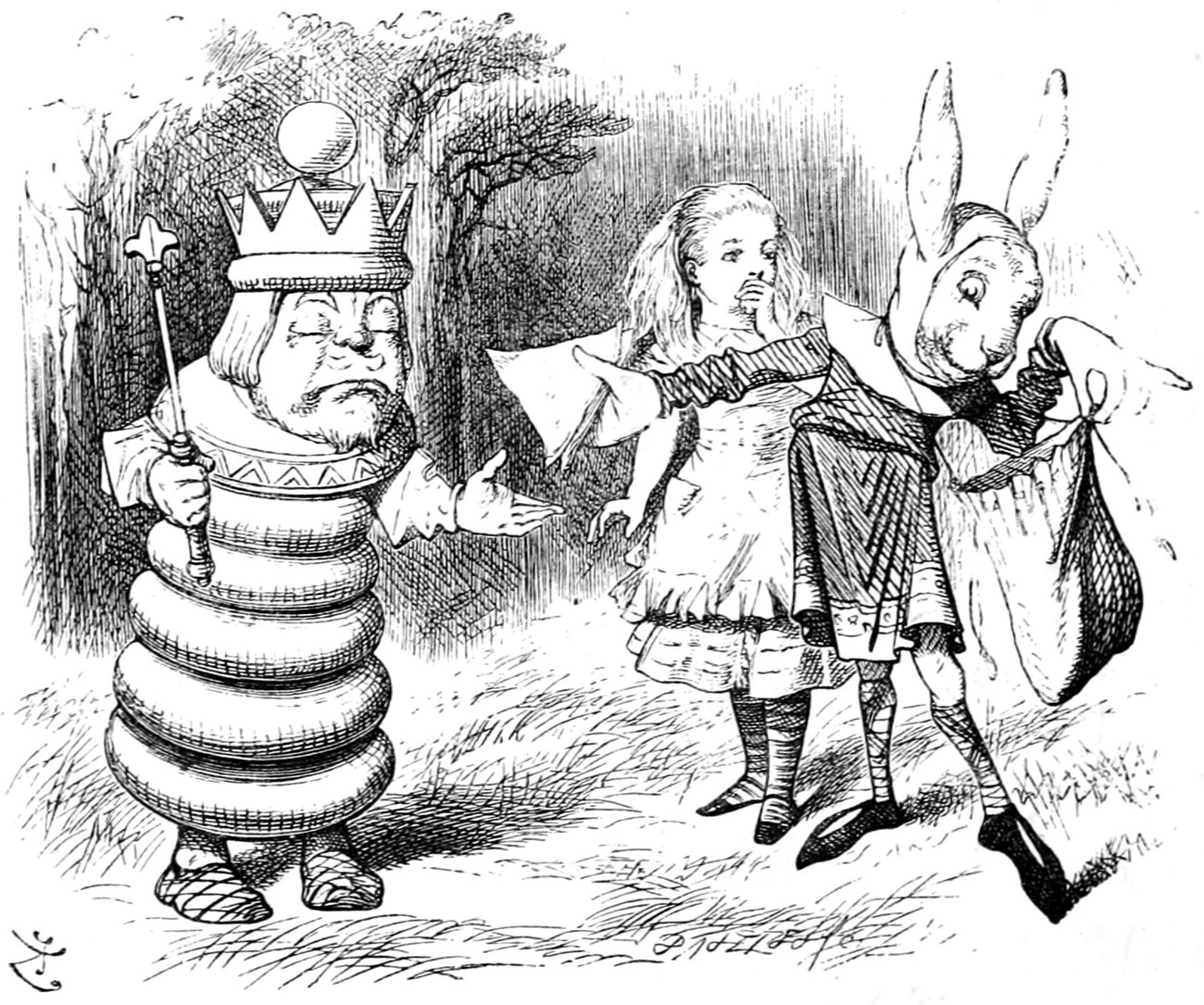 The White King, his eyes shut, holds out his hand while Haigha, a messenger with long ears, wriggles in his Anglo-Saxon attitudes with a bag at his side; Alice looks on.