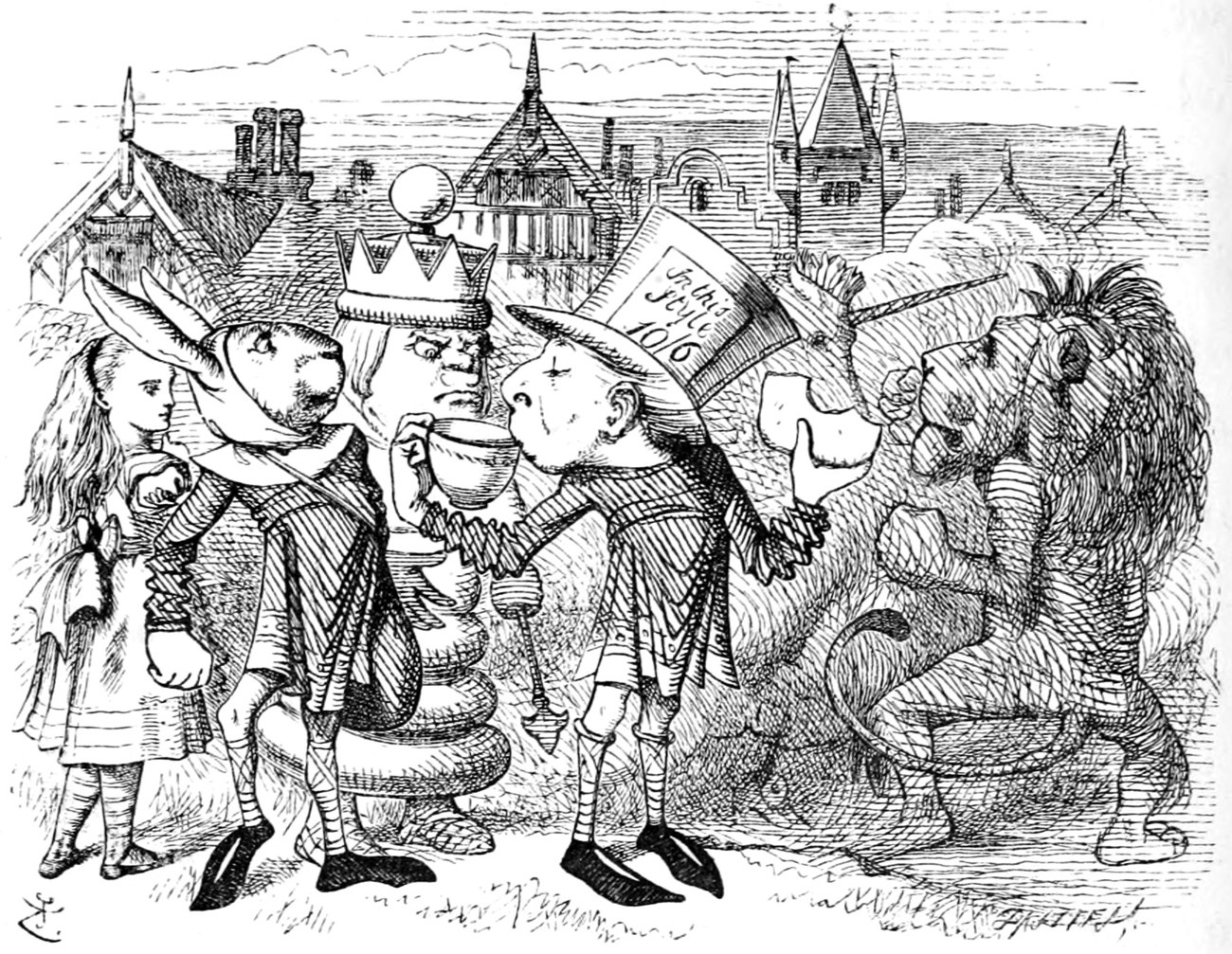 Hatta drinks his tea and the King and Haigha stand beside him, with Alice nearby, while the Lion and the Unicorn fight behind them in front of the town.