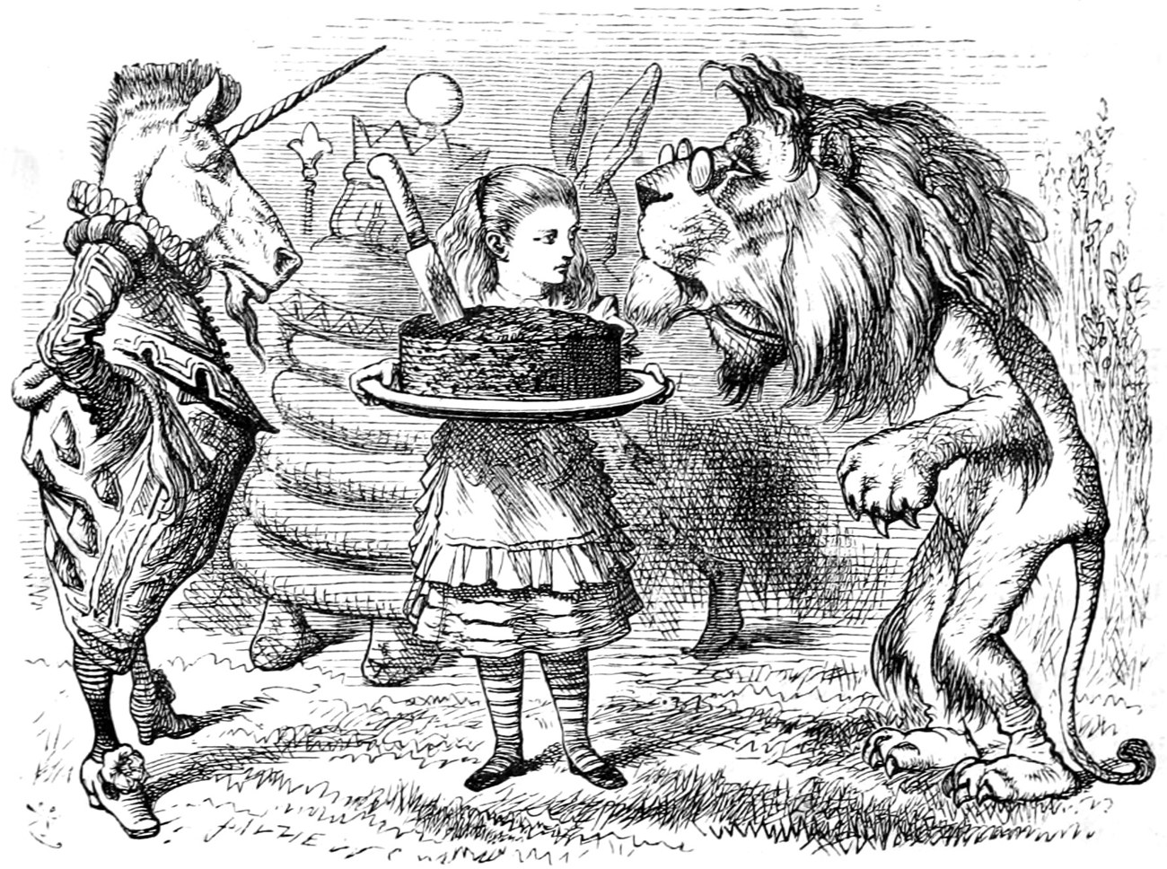 Alice holds out the dish of plum-cake between the Unicorn and the Lion, who stand on either side of her, with the King and Haigha behind.
