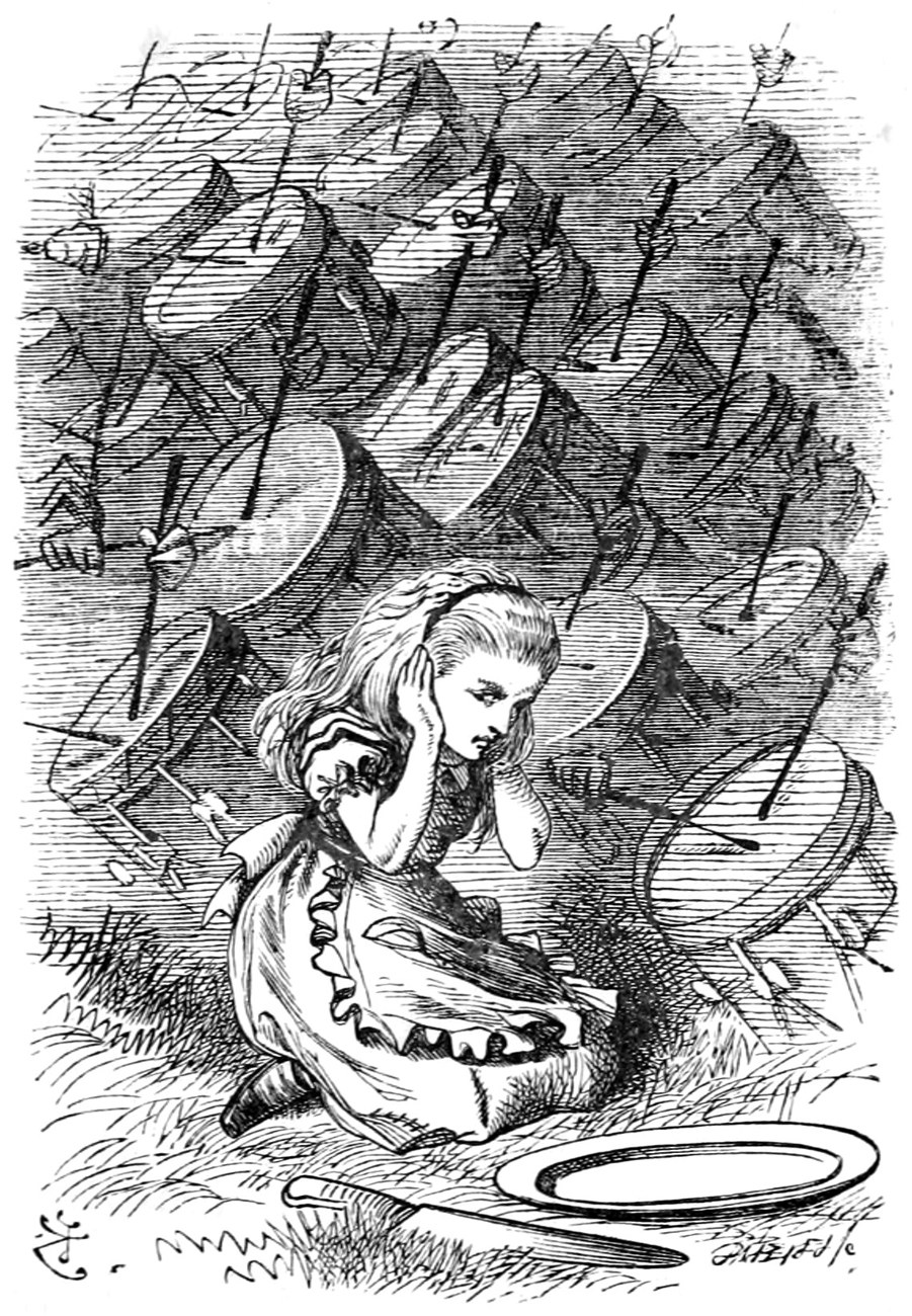Alice crouches on the grass with her hands over her ears while the drums come crashing down around her, an empty dish and knife at her feet.