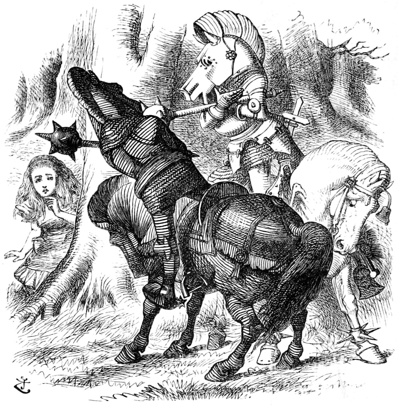 The Red Knight, on a dark horse and swinging a club, meets the White Knight in battle, while Alice peeps out from behind a tree.