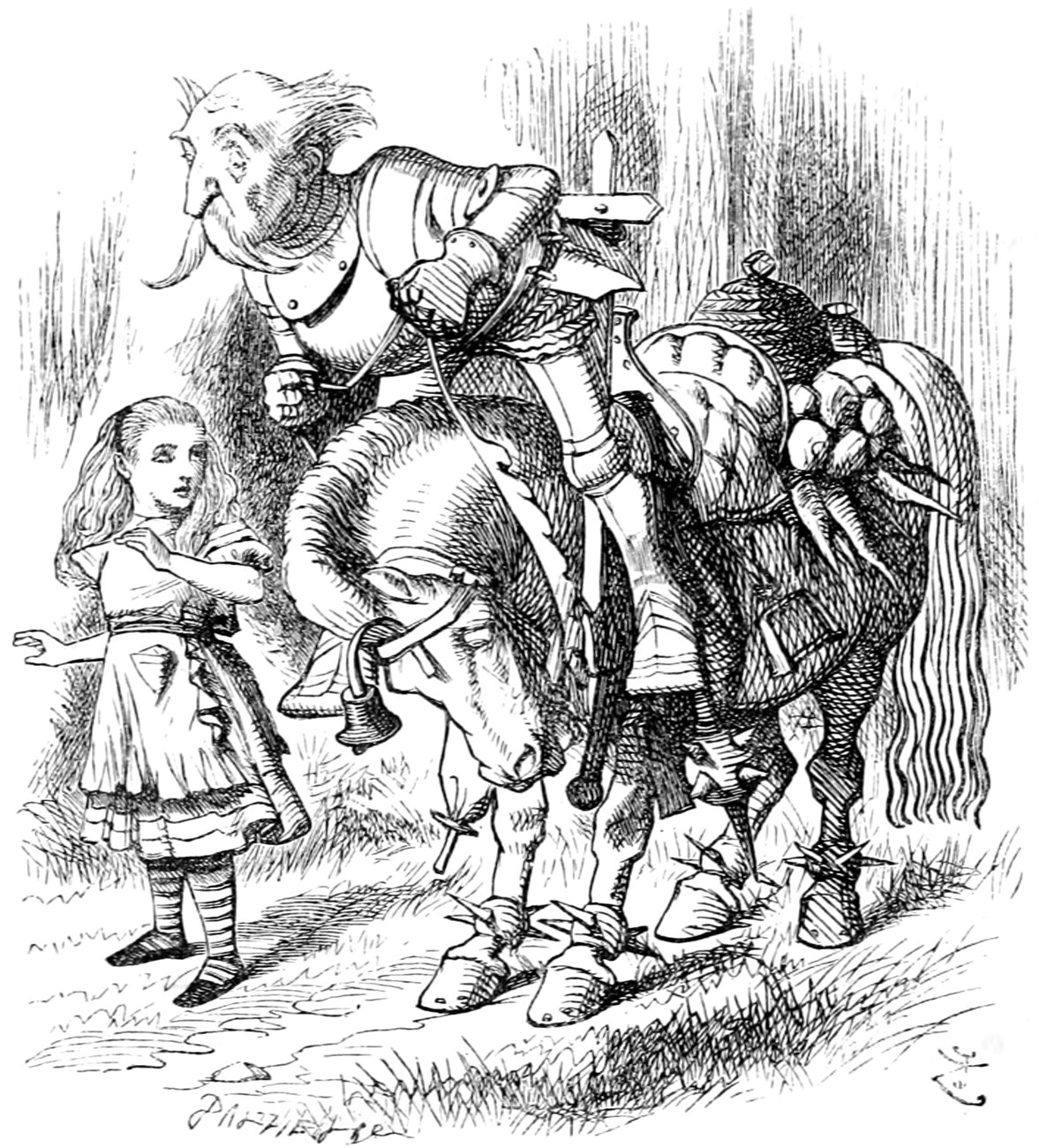 The White Knight leans heavily down from his horse towards Alice as he talks, his saddle hung with bundles, carrots and a bee-hive.