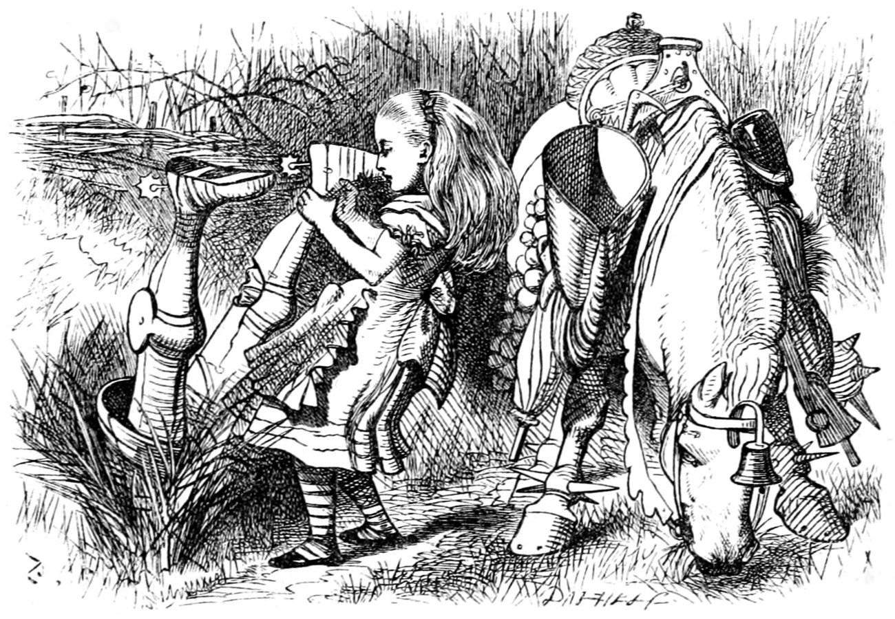 Alice tugs the White Knight out of the ditch, where he has fallen head downwards and stuck, while his horse grazes beside them.