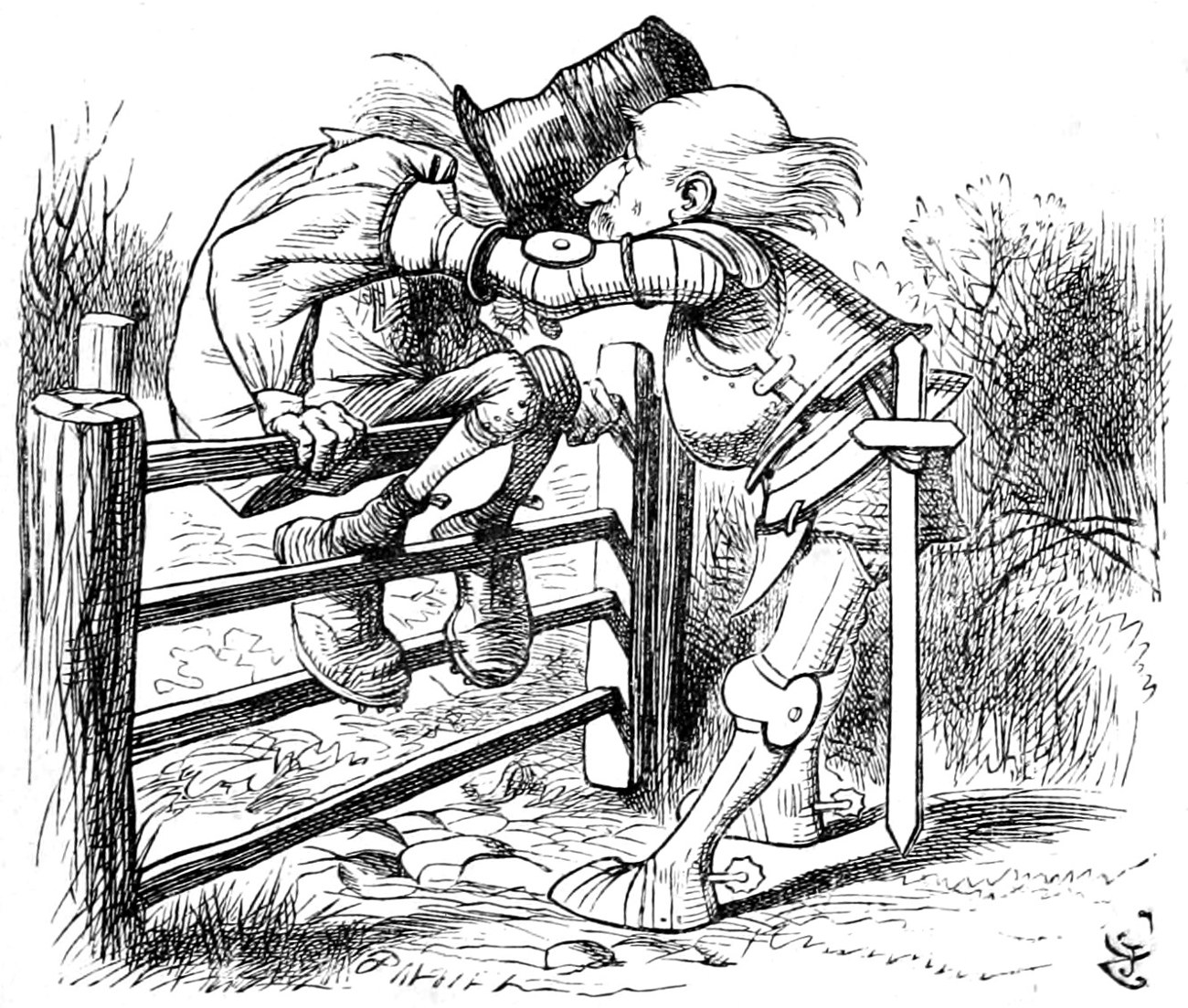 The aged aged man sits on the gate while the singer, in armour, seizes him by the collar to shake him.